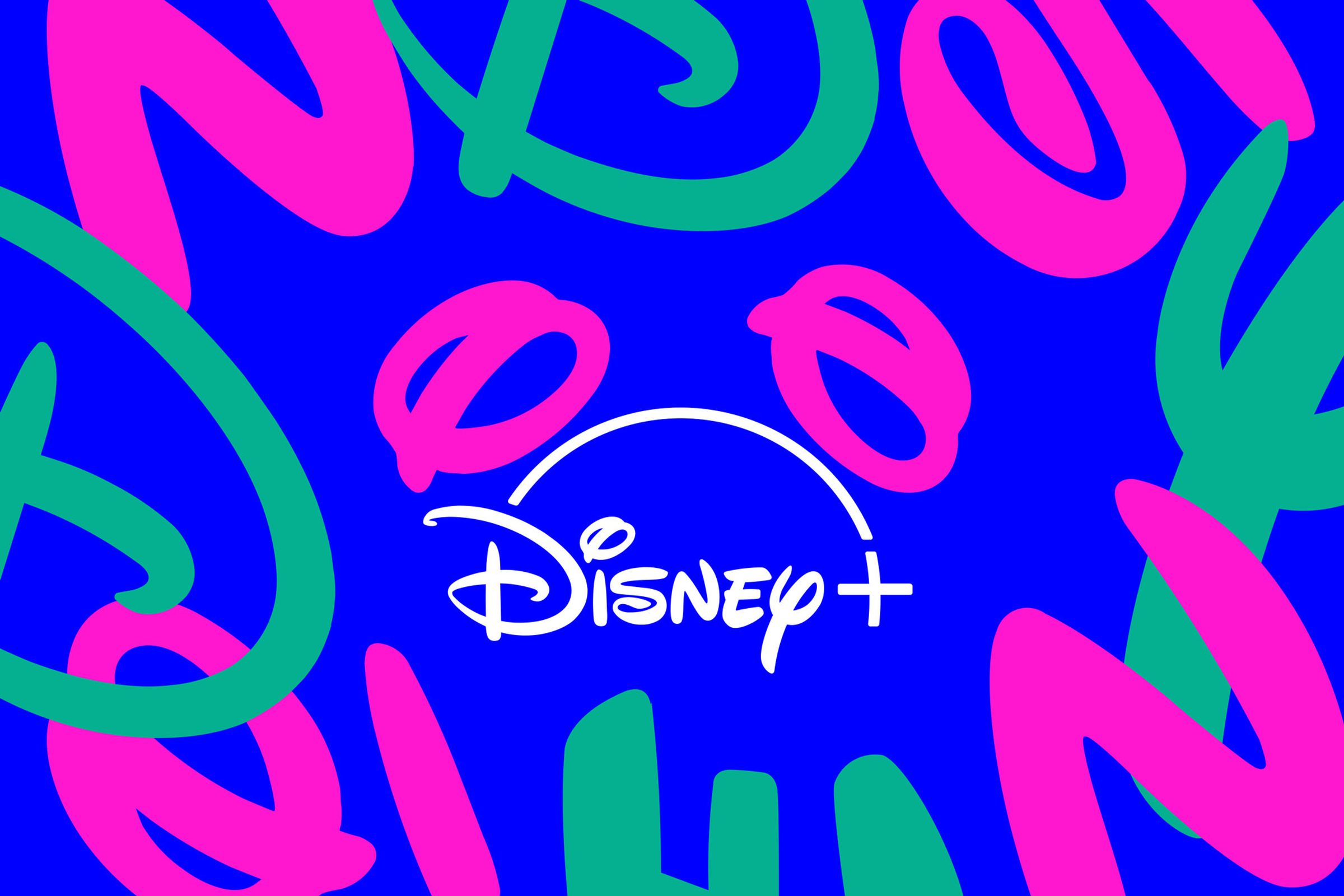 Disney Plus logo against a blue background with pink and green scribbles.