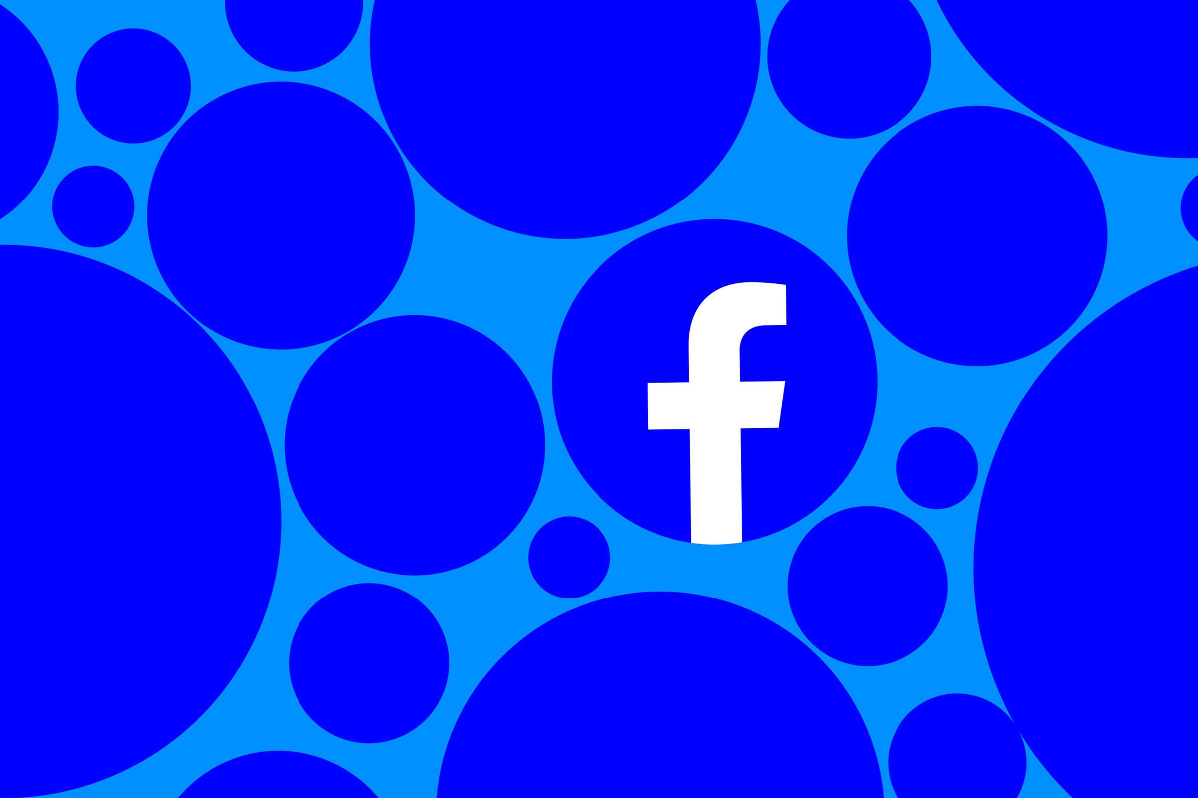 The Facebook logo on a blue background surrounded by blue circles.