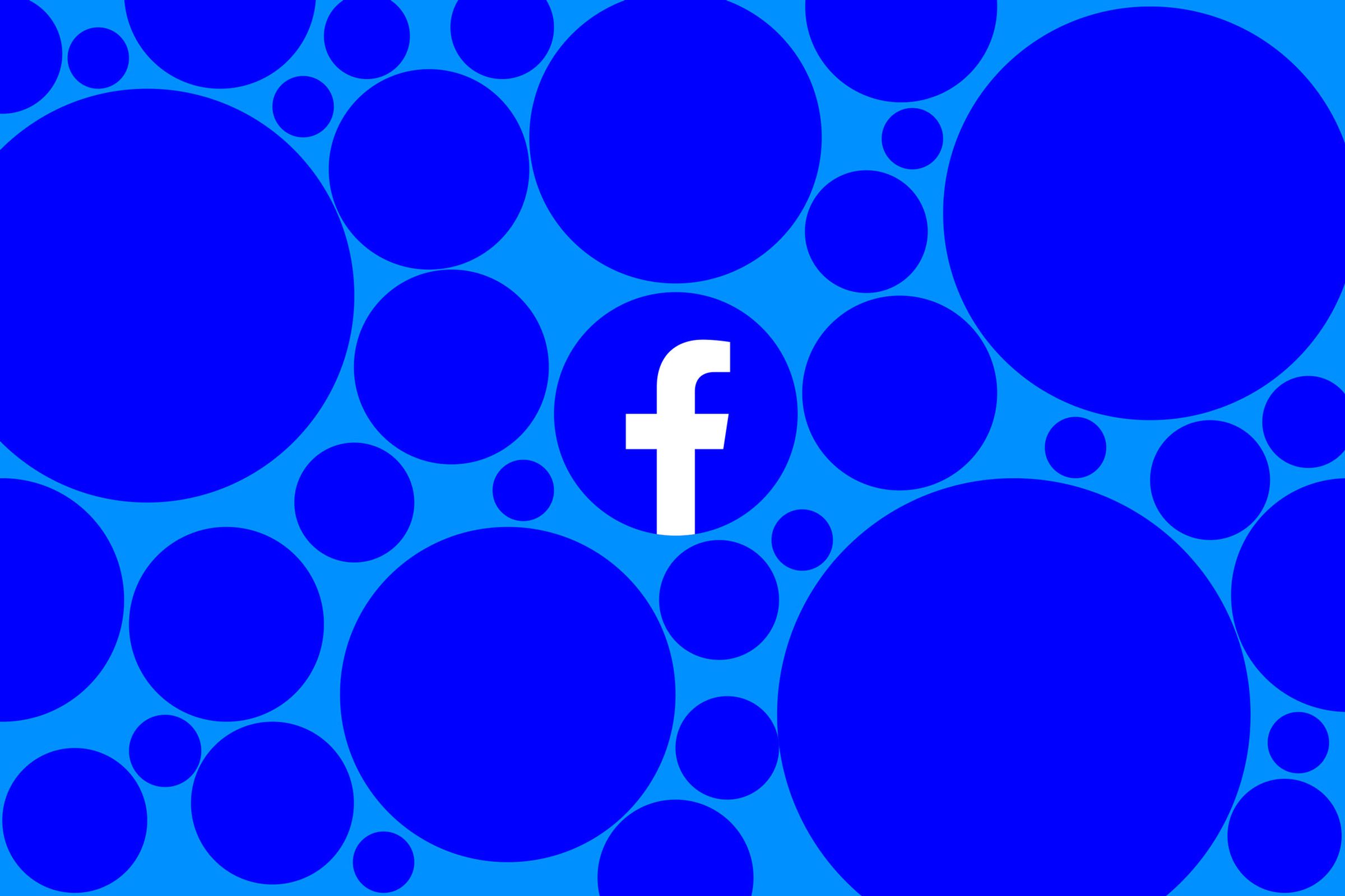 The Facebook logo on a blue background, surrounded by dark blue circles of various sizes