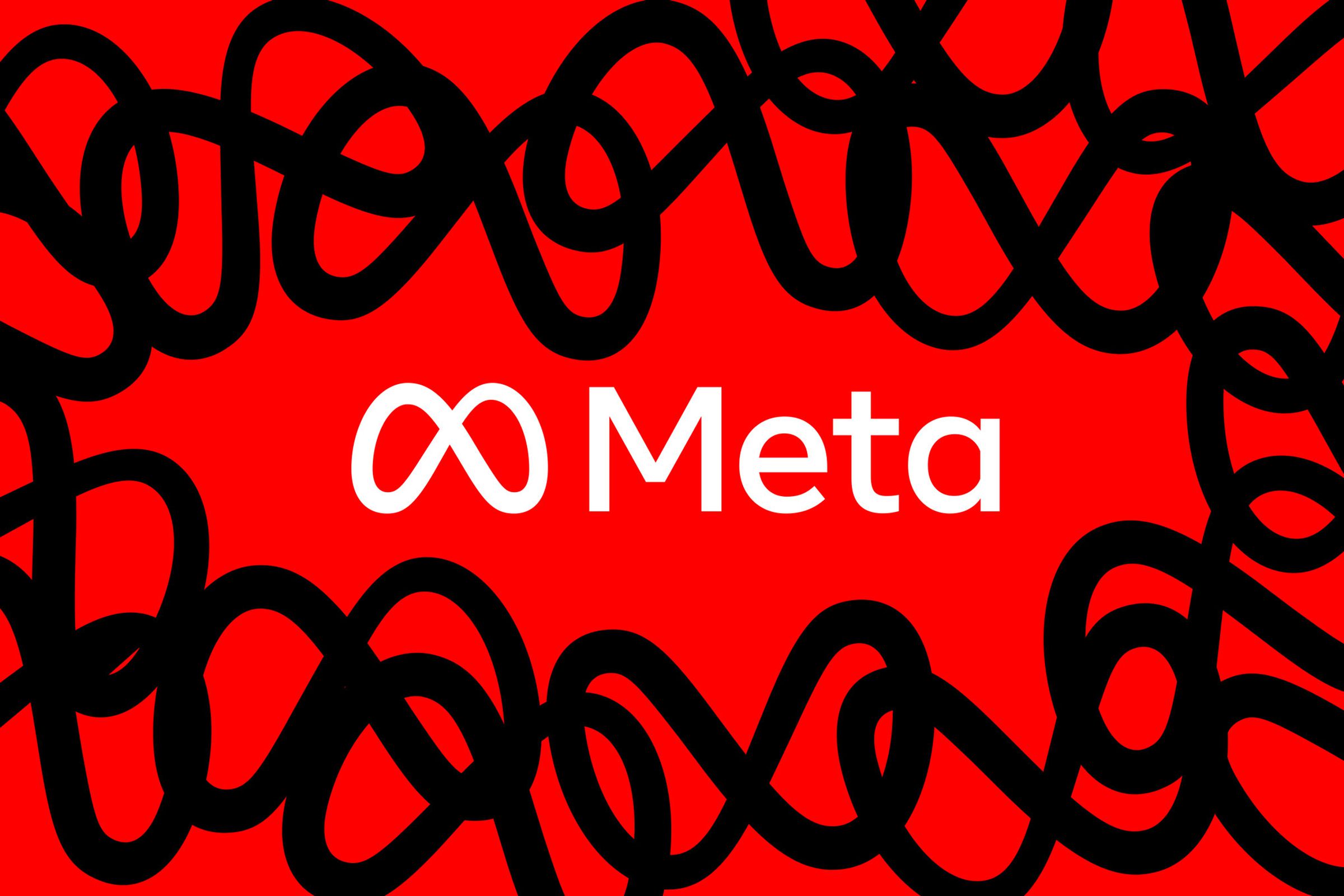 Meta logo on a red background with repeating black icons, giving a squiggly effect.