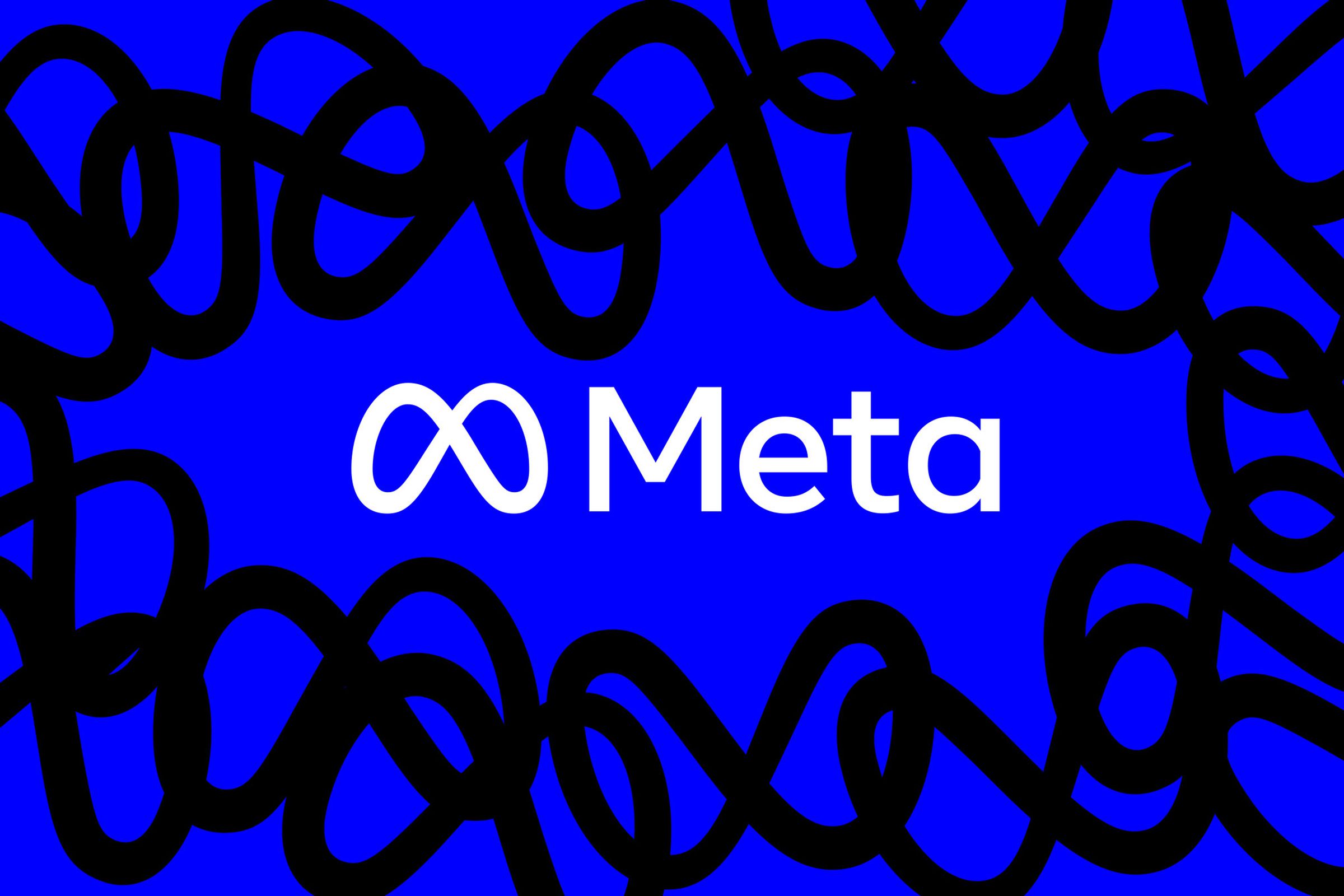 Image of the Meta logo and work mark on a blue background, bordered by black scribbles made out of the Meta logo.