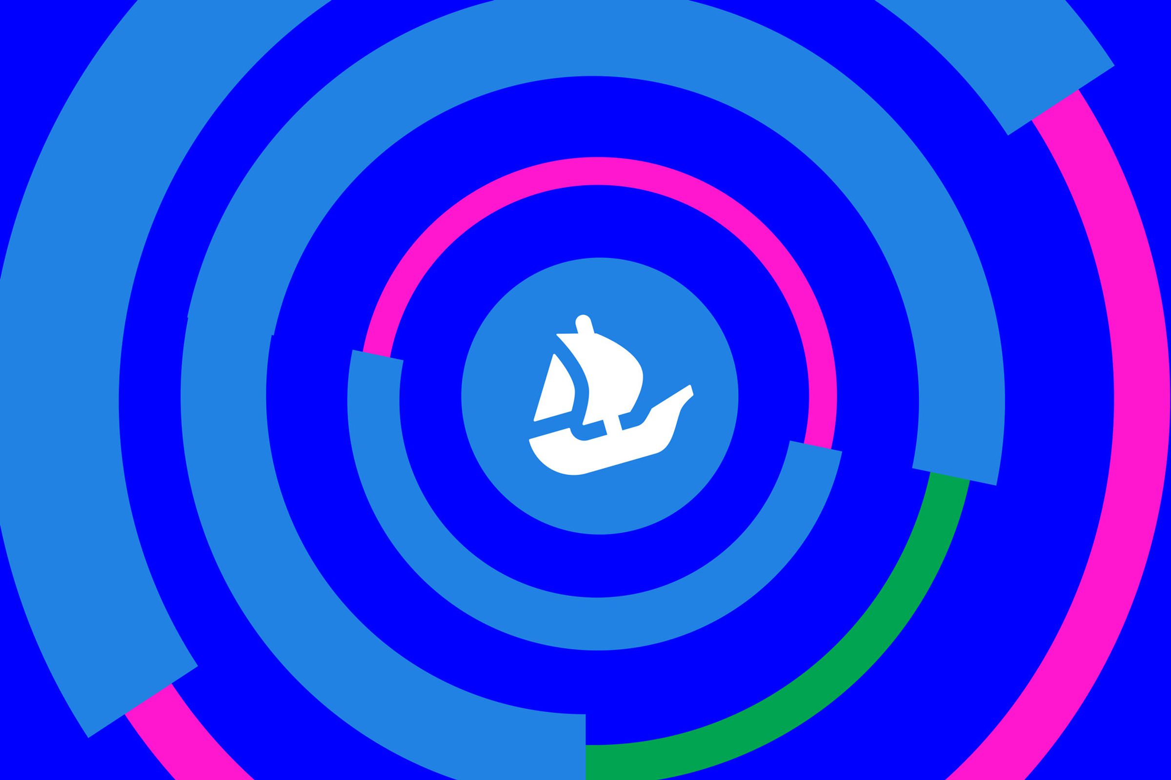 Illustration of the OpenSea logo on a blue background, with several blue, green, and pink circles around it.