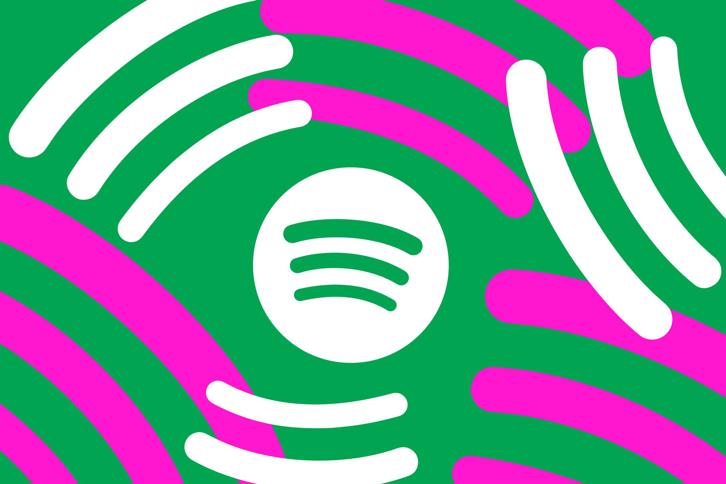 Illustration of the Spotify logo on a green background with white and pink stripes.