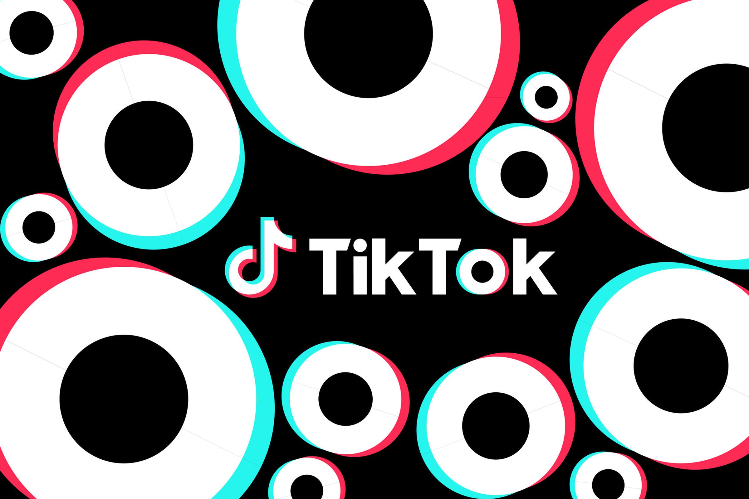 The TikTok logo on a black background with repeating geometric shapes