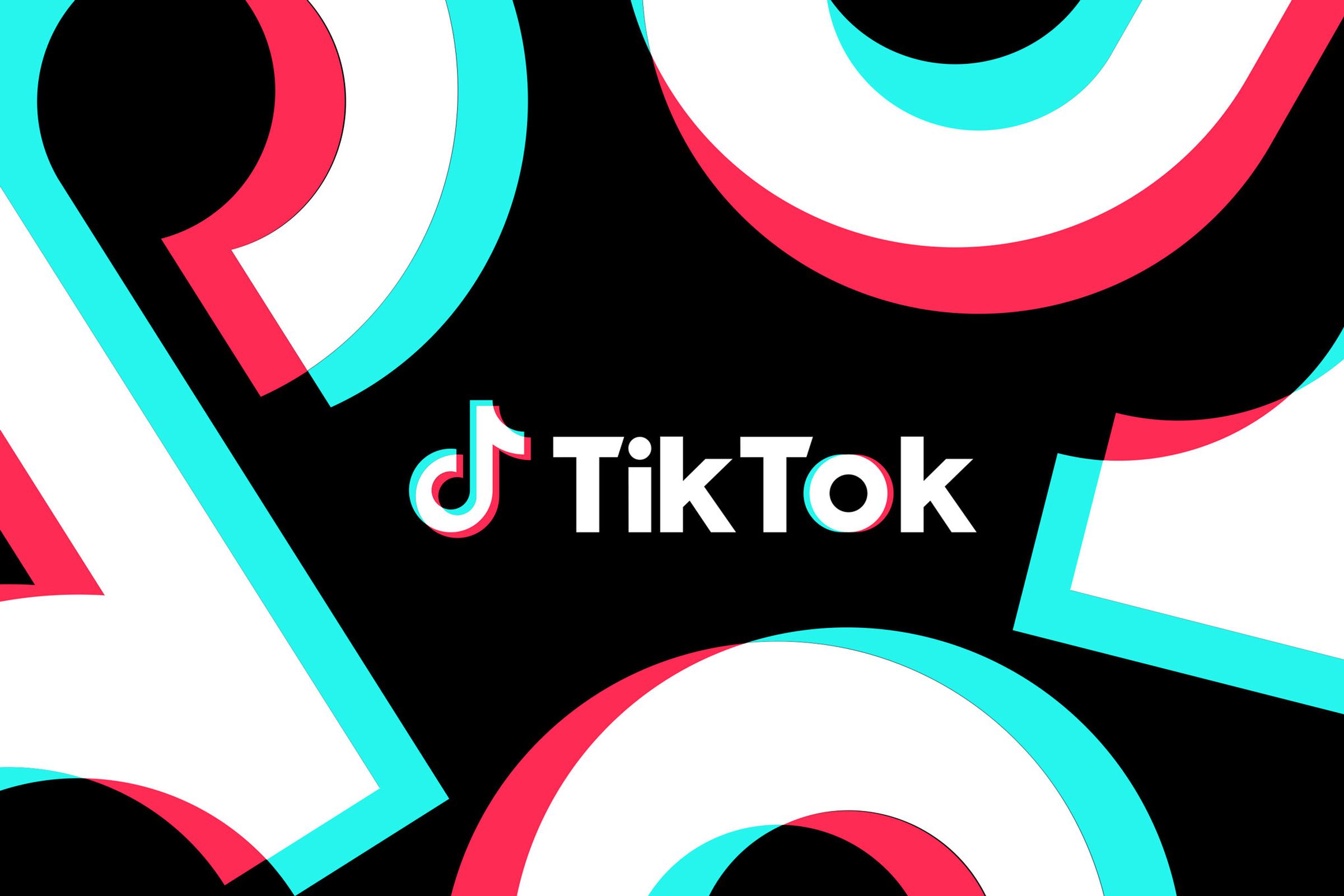TikTok logo on a black background with large pink, white, and aqua icons repeating