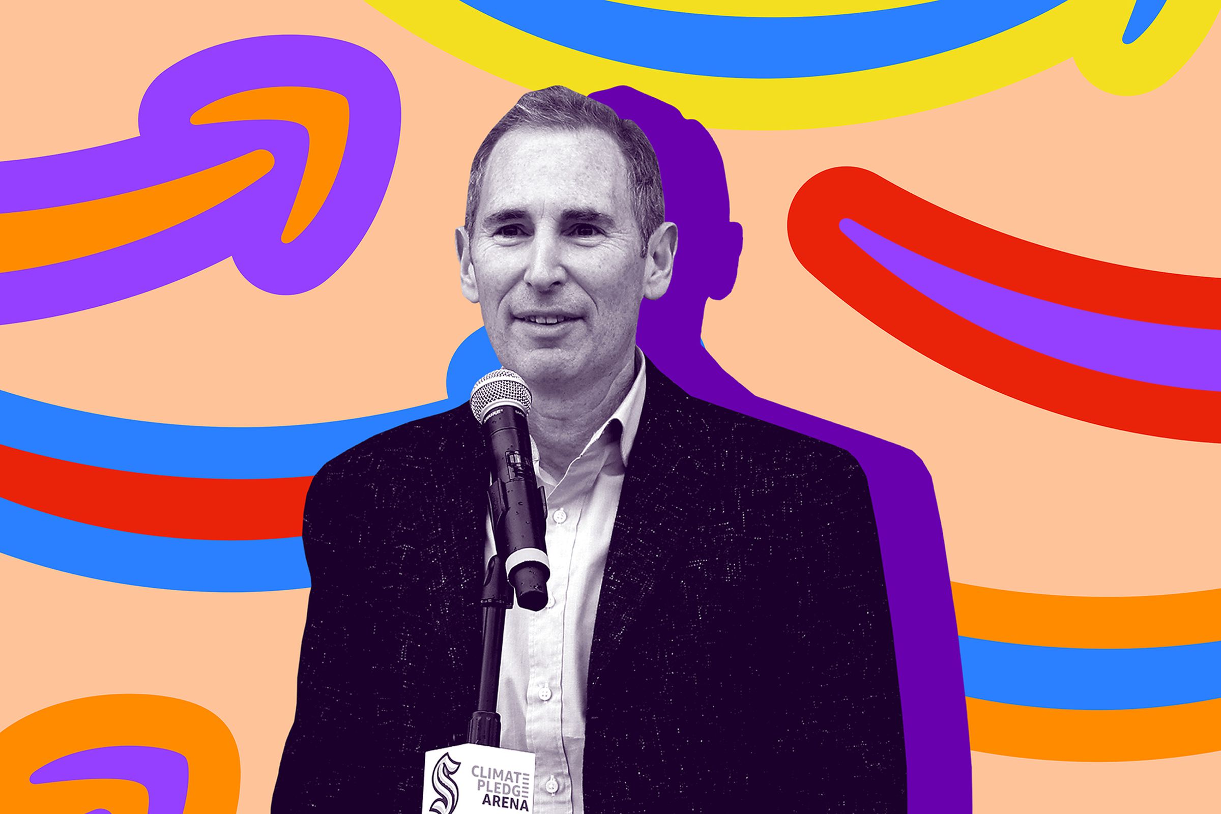 An image showing Amazon CEO Andy Jassy on a colorful background