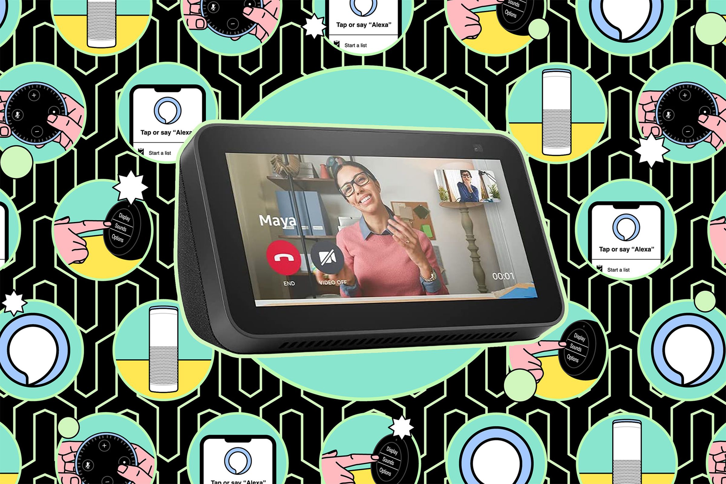 Echo show showing person on screen against an illustrated background.