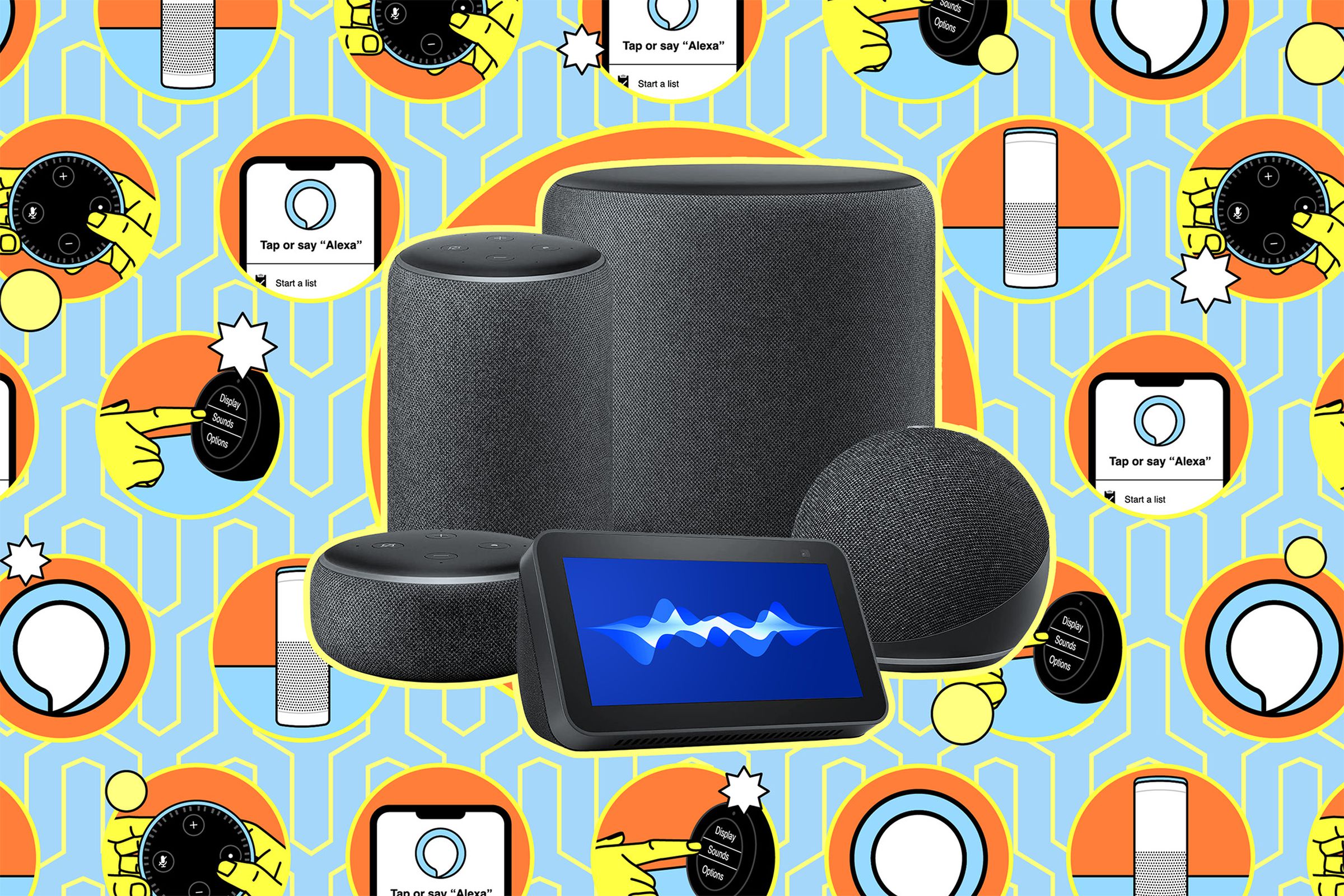 A group of Amazon Echo smart speakers on a colorful graphic background. 