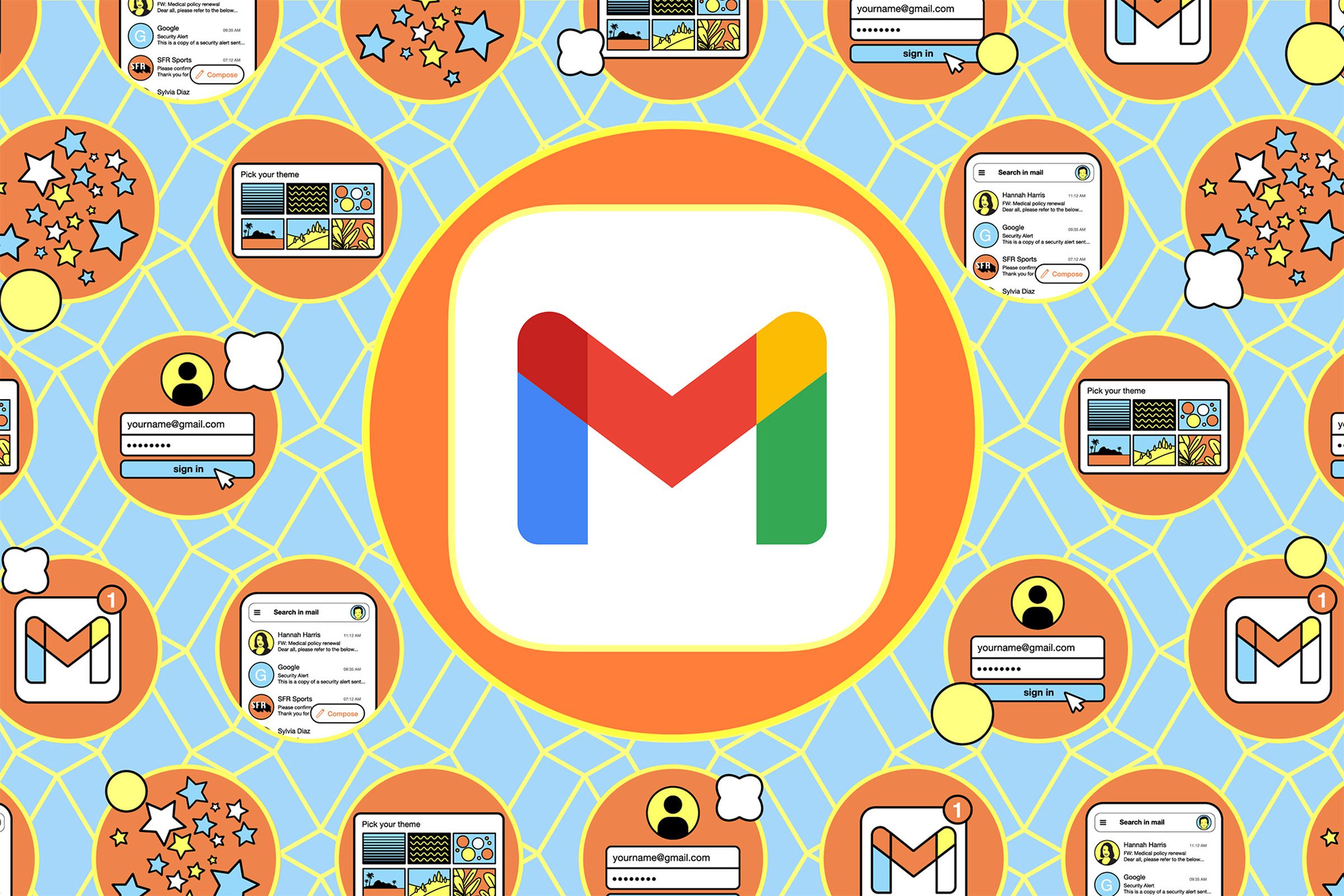 Gmail icon against a background of small illustrations.