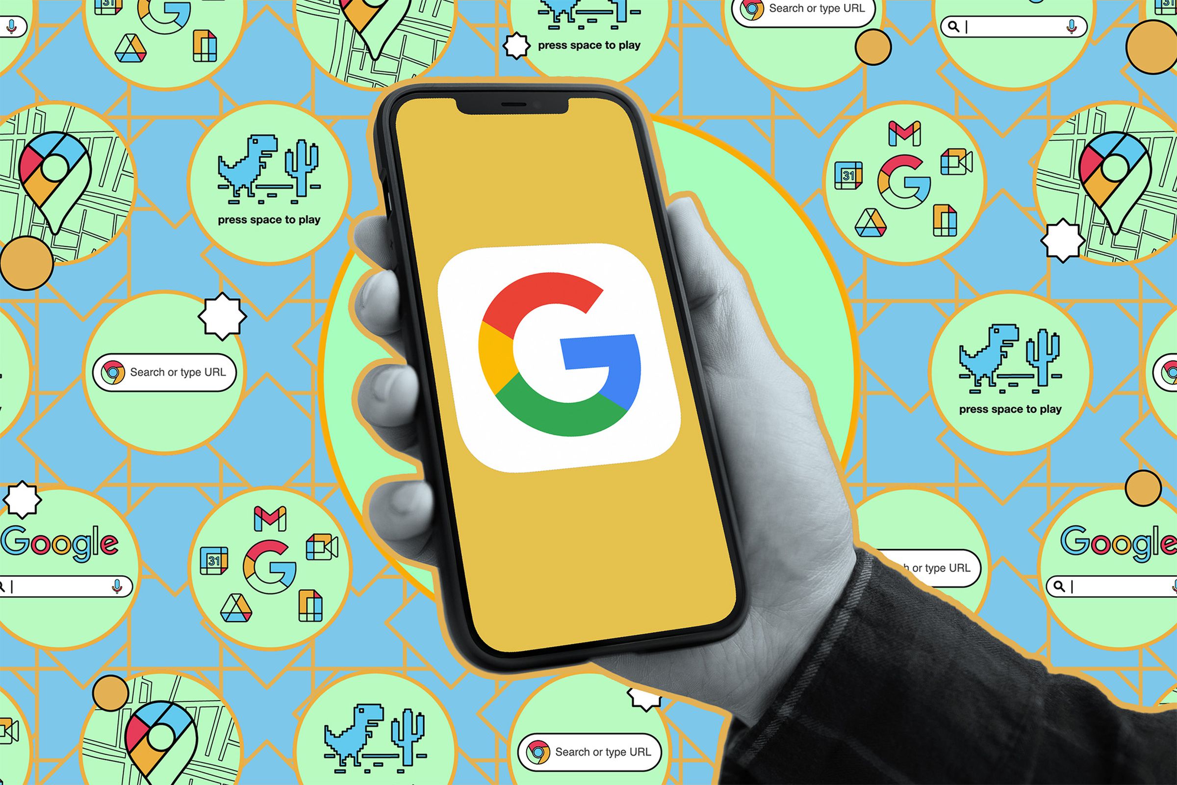 A hand holding a phone with the Google logo on it.