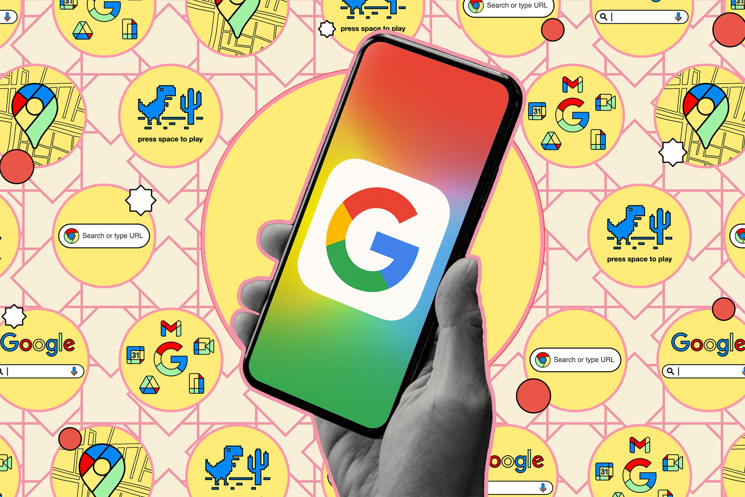 A hand holding a mobile phone with the Google logo on it. The background contains various nods toward Google’s products and services.