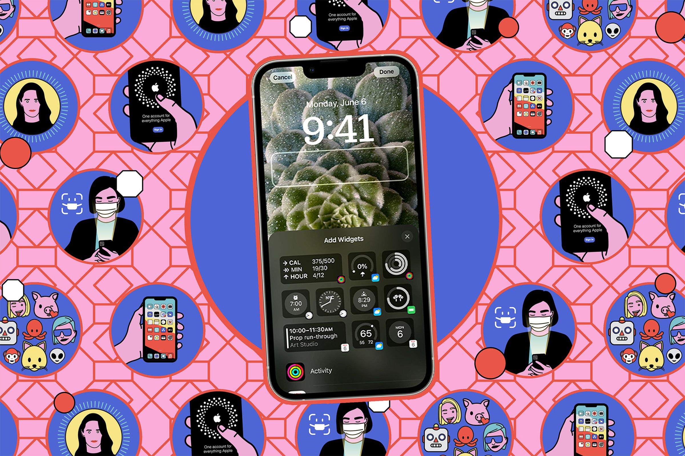 Lock screen widget screen on iPhone against an artful background