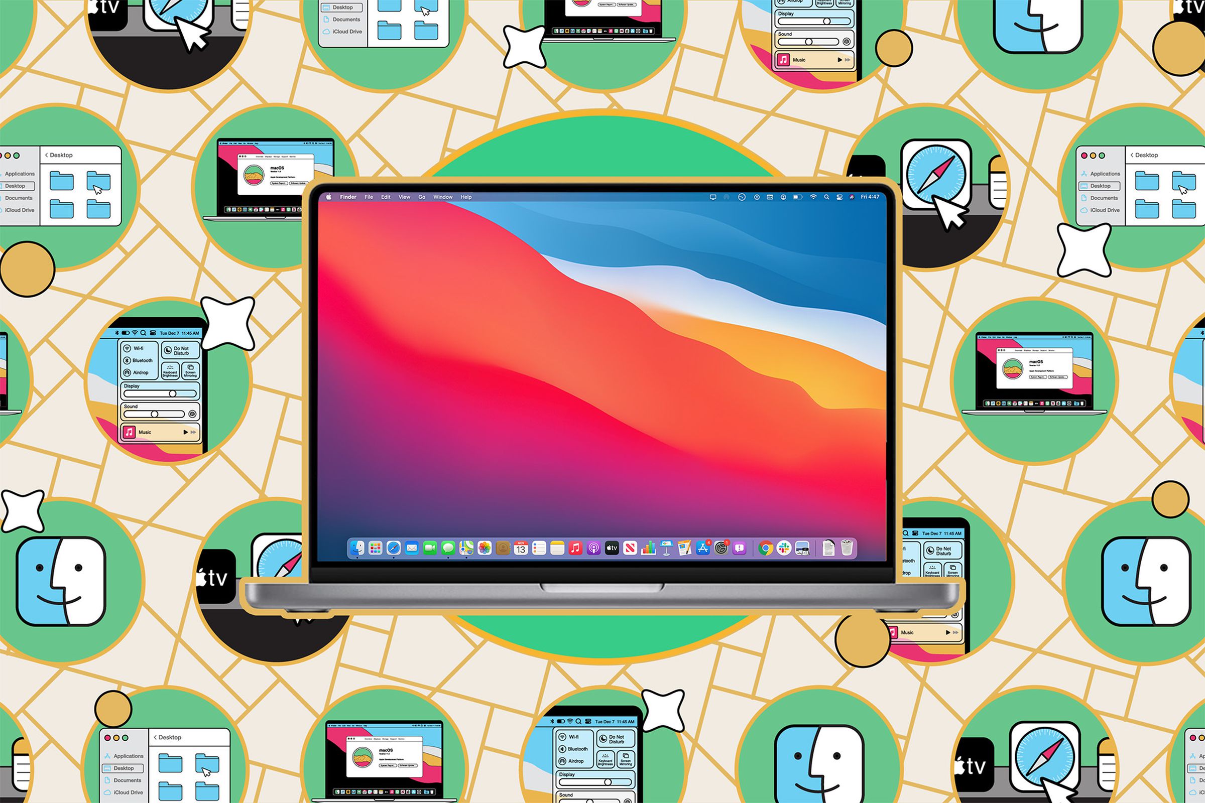 A MacBook, open, displaying the macOS Big Sur default desktop background, on a grid of macOS icons.