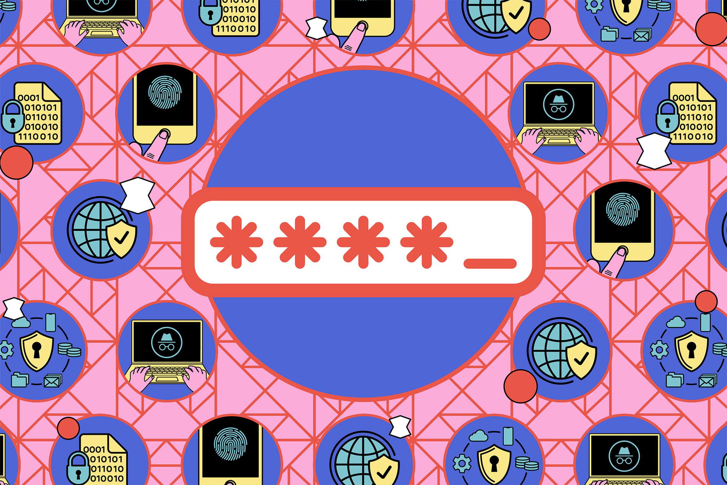 Line with three stars (as in a password) against a pink background with small illustrations.
