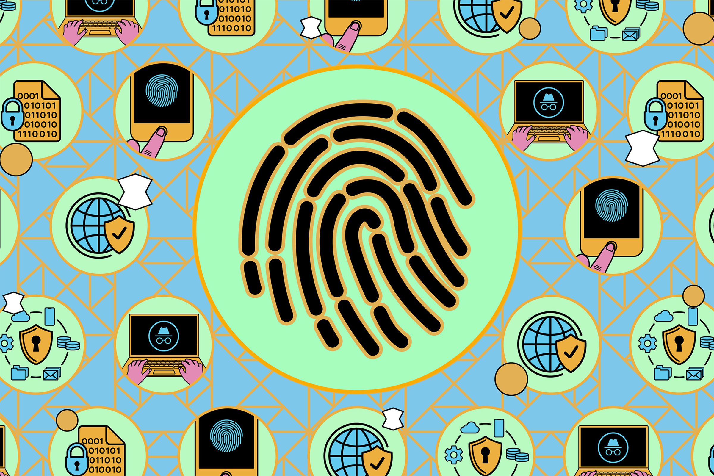 A fingerprint against an illustrated background.