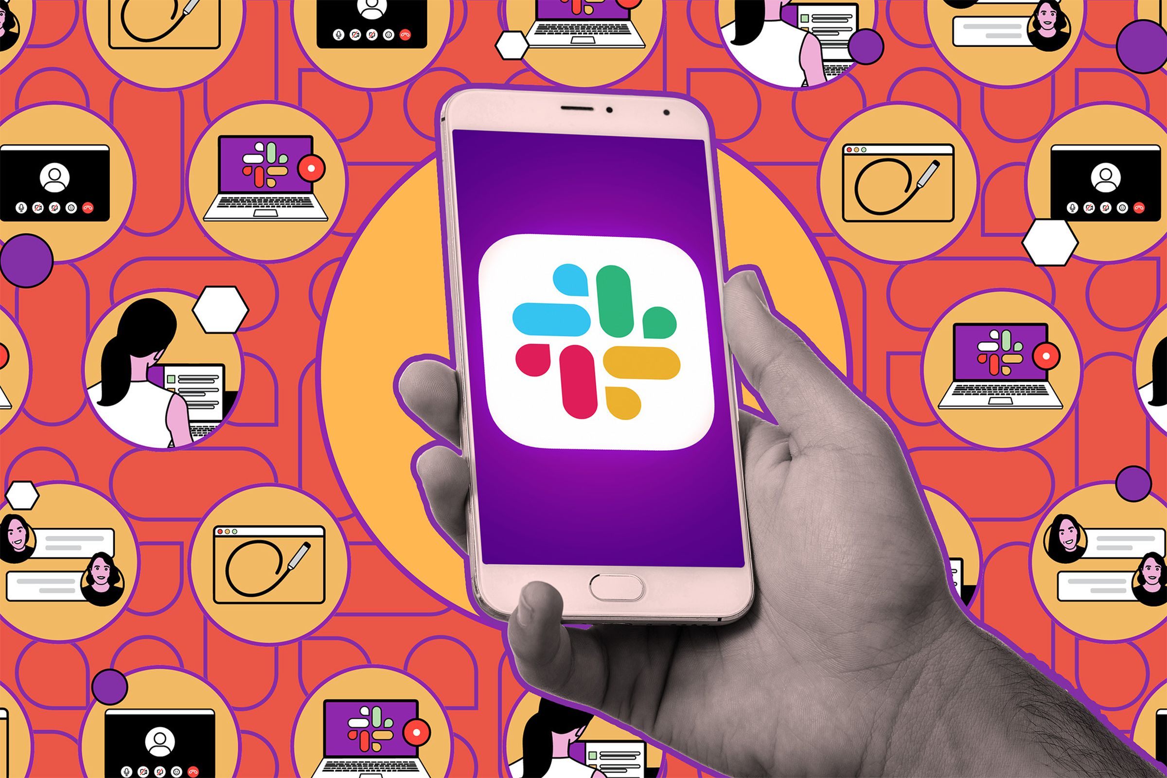 Phone with Slack logo against an illustrated background