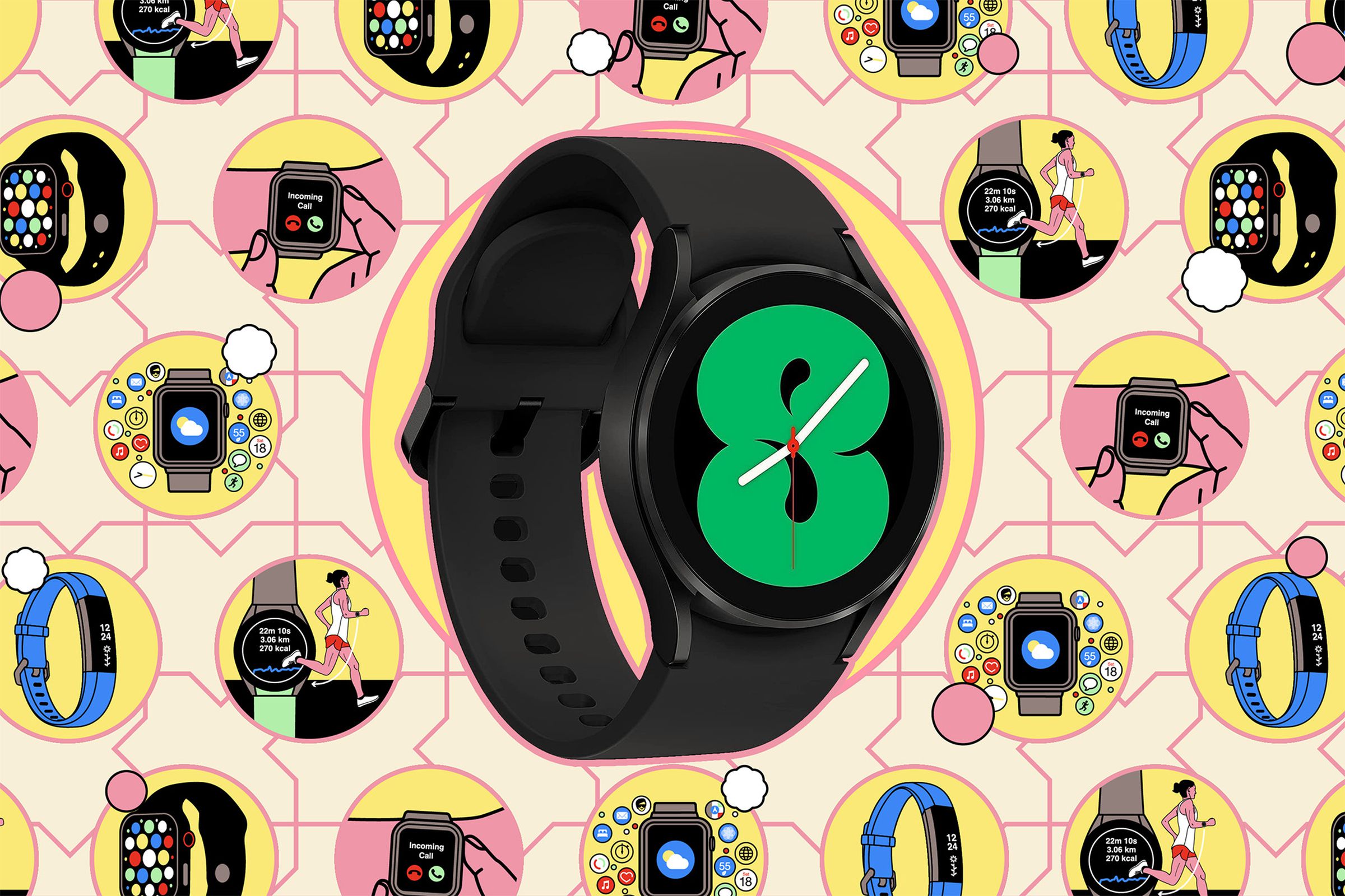 Samsung Galaxy Watch 4 on a colorful background depicting how you’d use a smartwatch