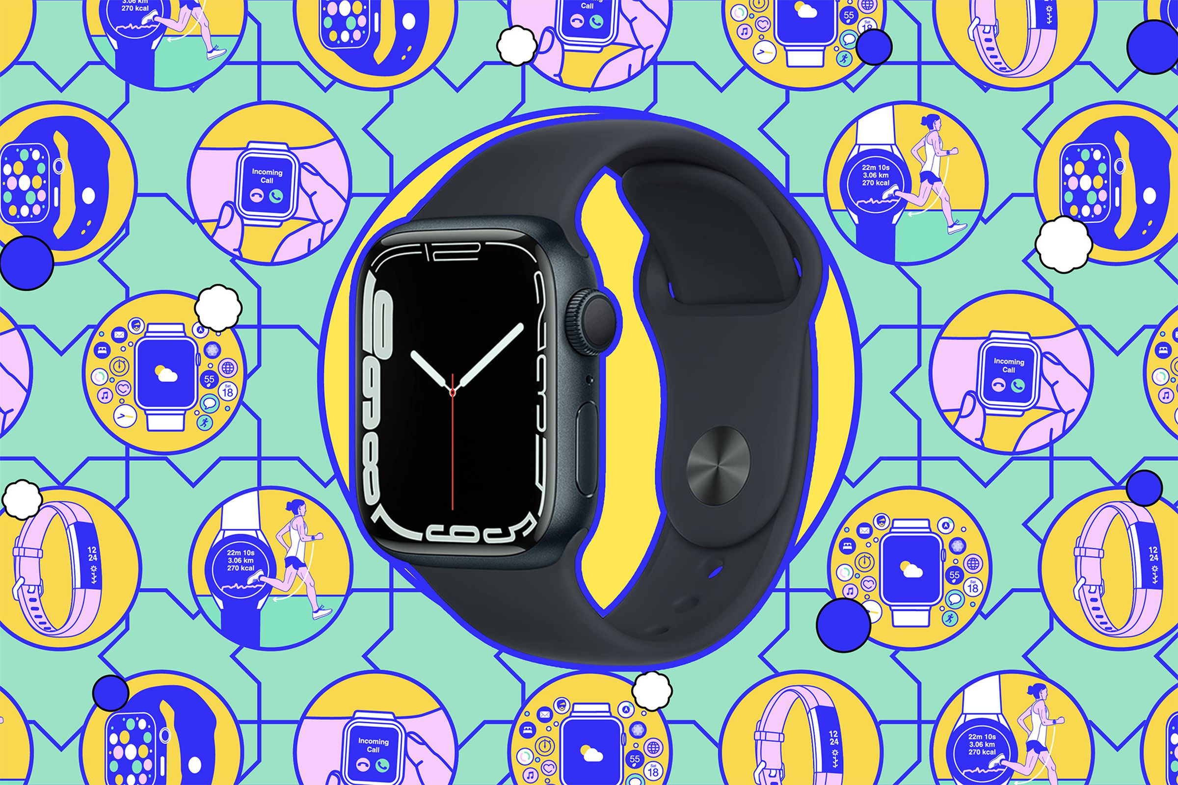 The Apple Watch against a series of colorful illustrations depicting smartwatch use