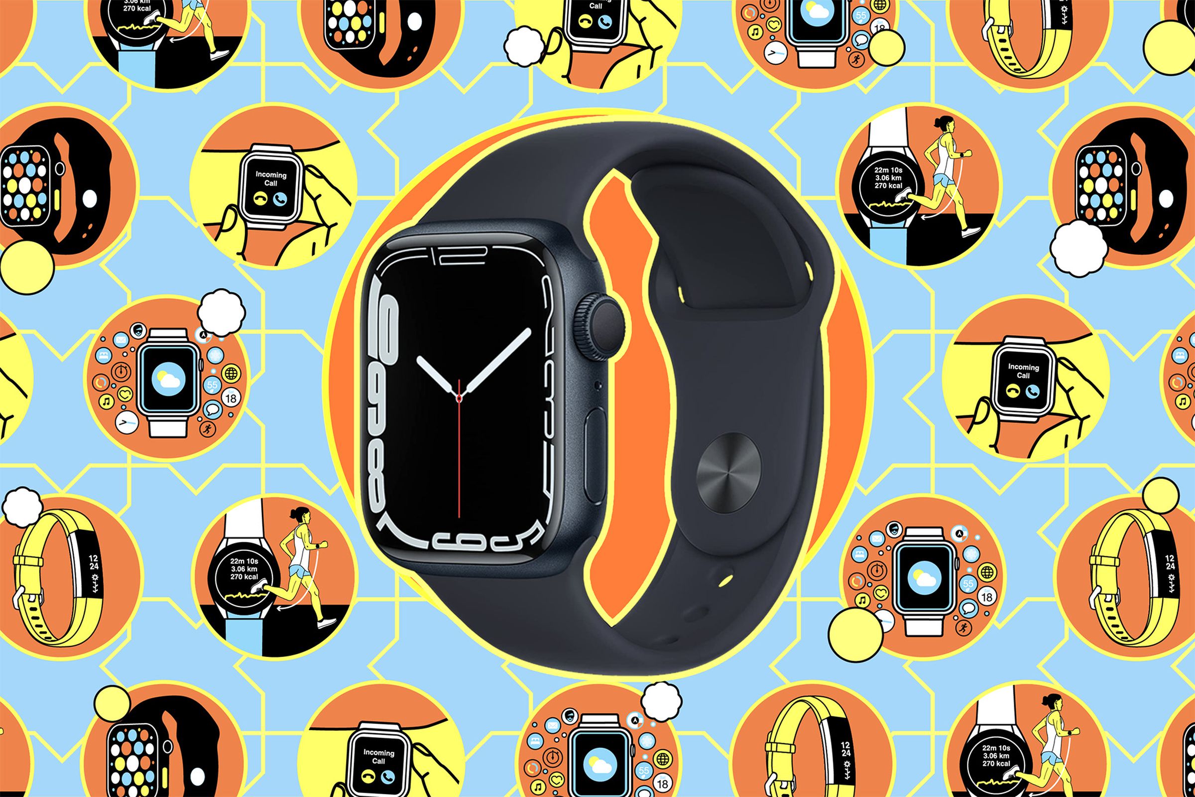 Apple Watch set against a colorful background of illustrations showing various activities involving smartwatches.