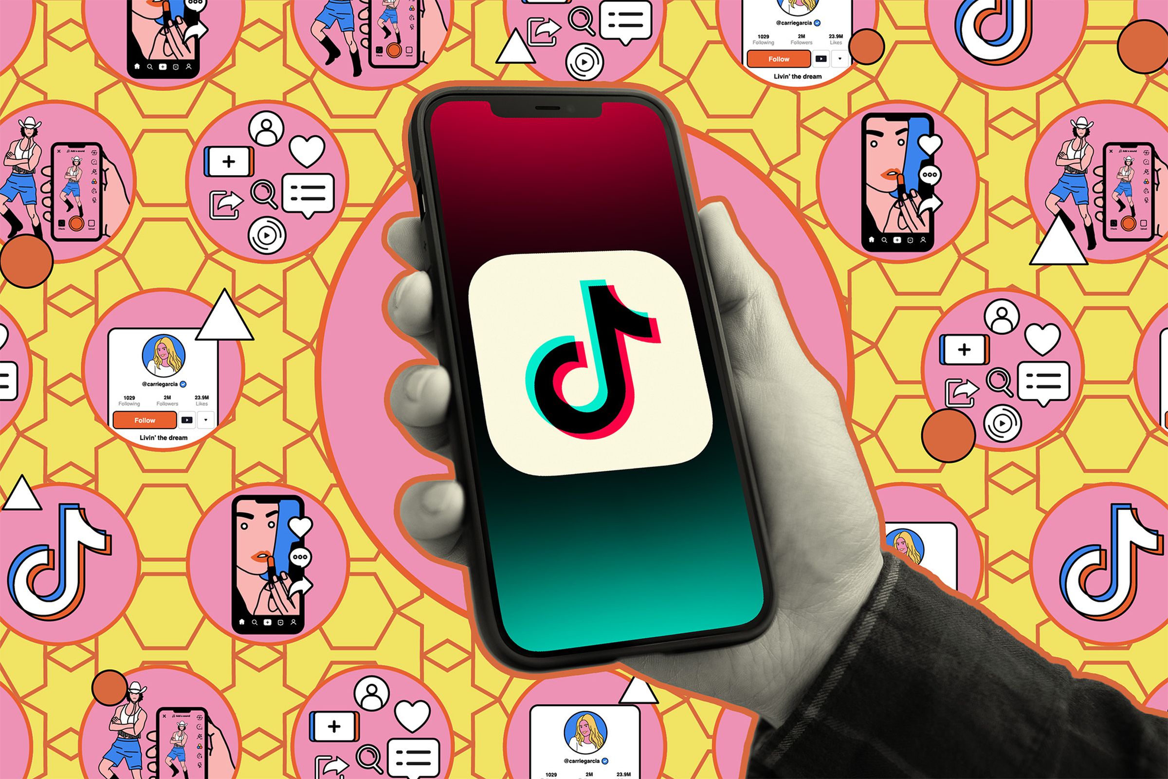 Hand holding a phone with a TikTok logo against an illustrated background