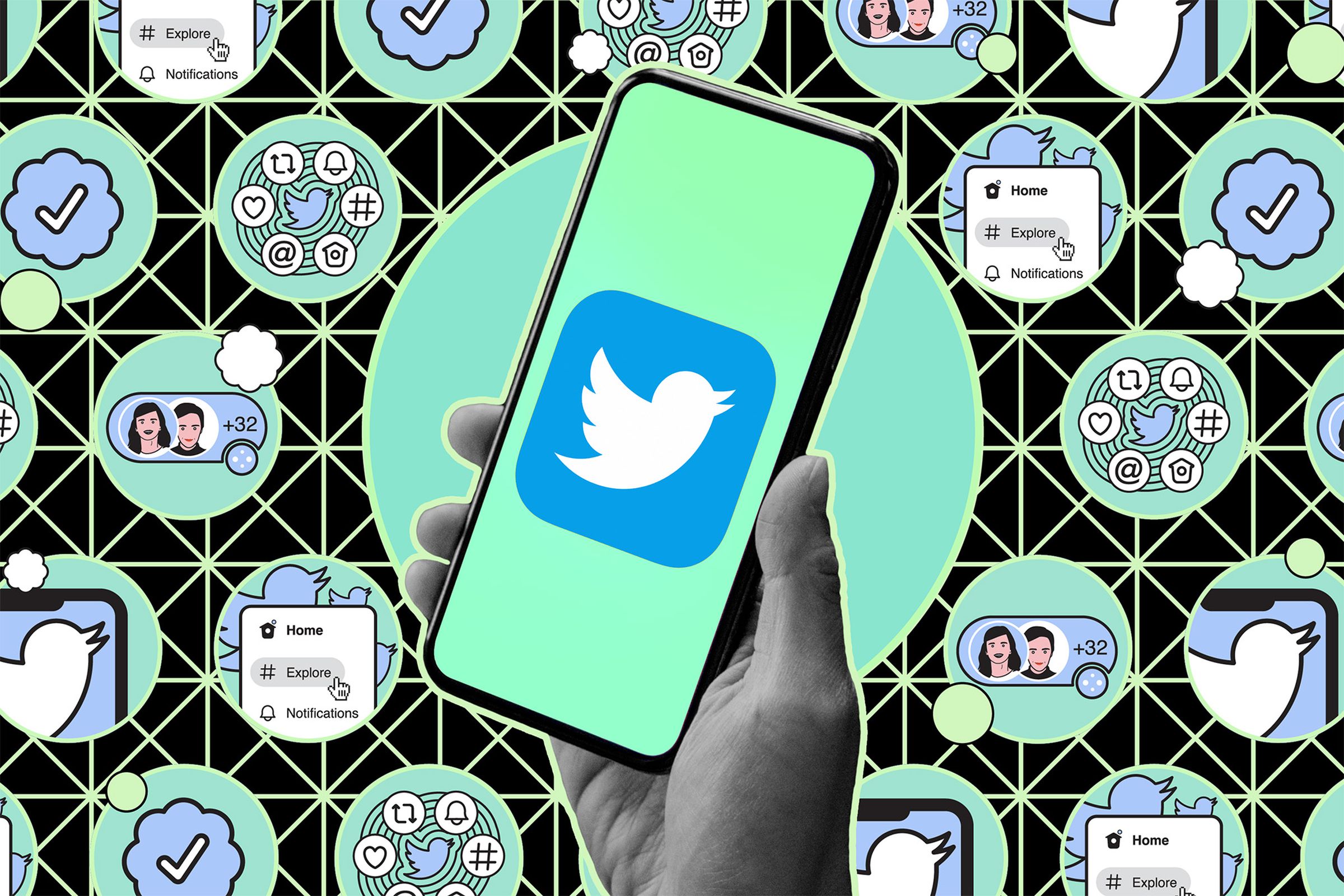 Hand holding phone with Twitter logo against an illustrated background
