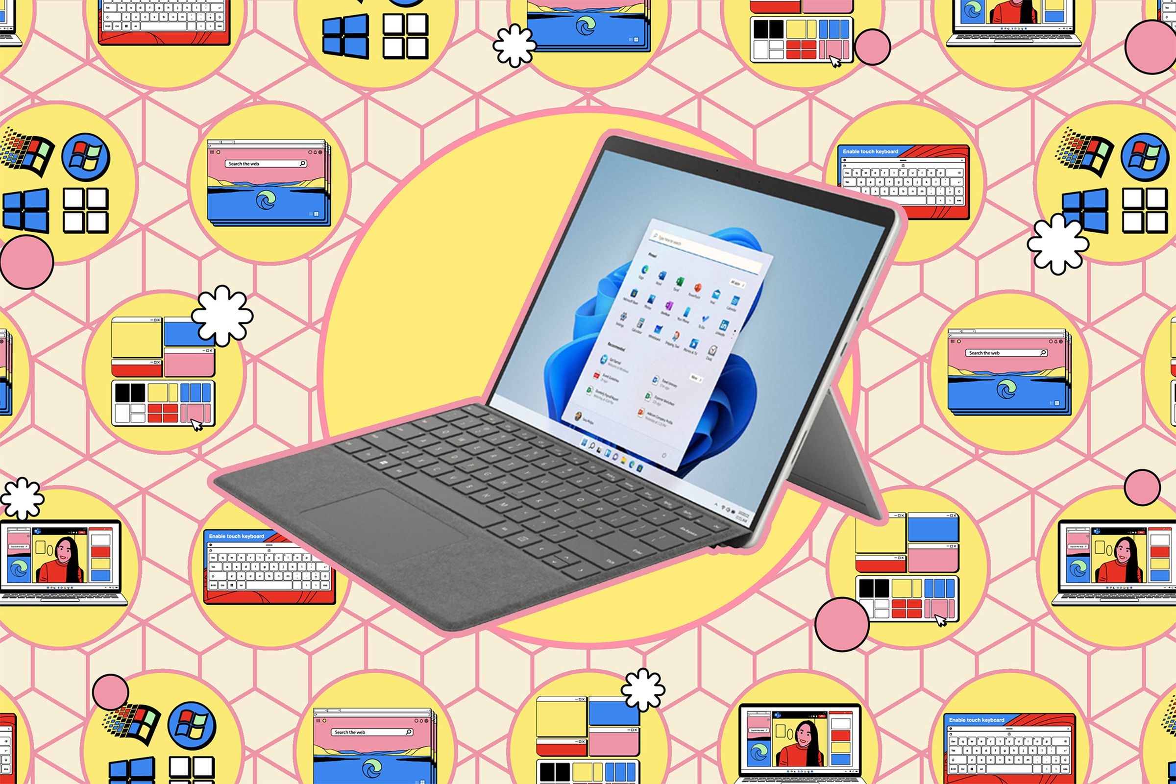 Windows laptop on a yellow background with small illustrations