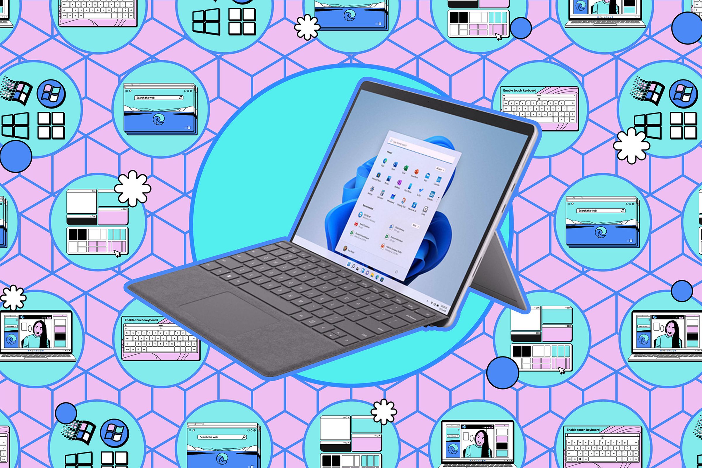 A Surface Pro in laptop mode displaying the Windows Start menu sits over a collage background of cartoon Windows logos, keyboards, and screens.