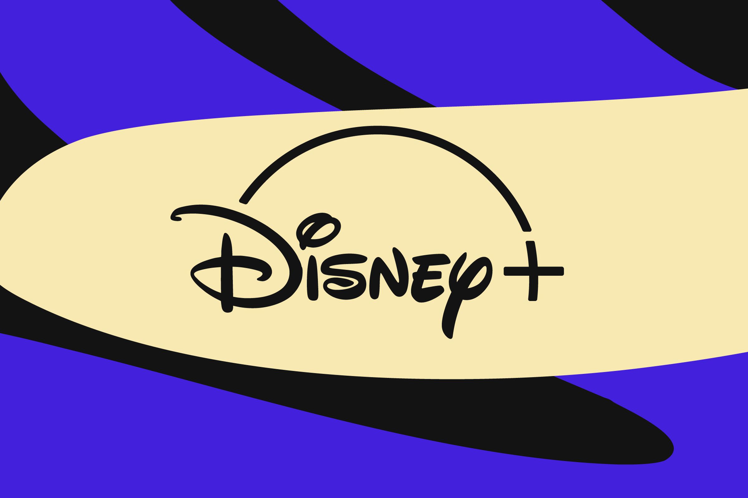 The Disney Plus logo on a beige and purple background