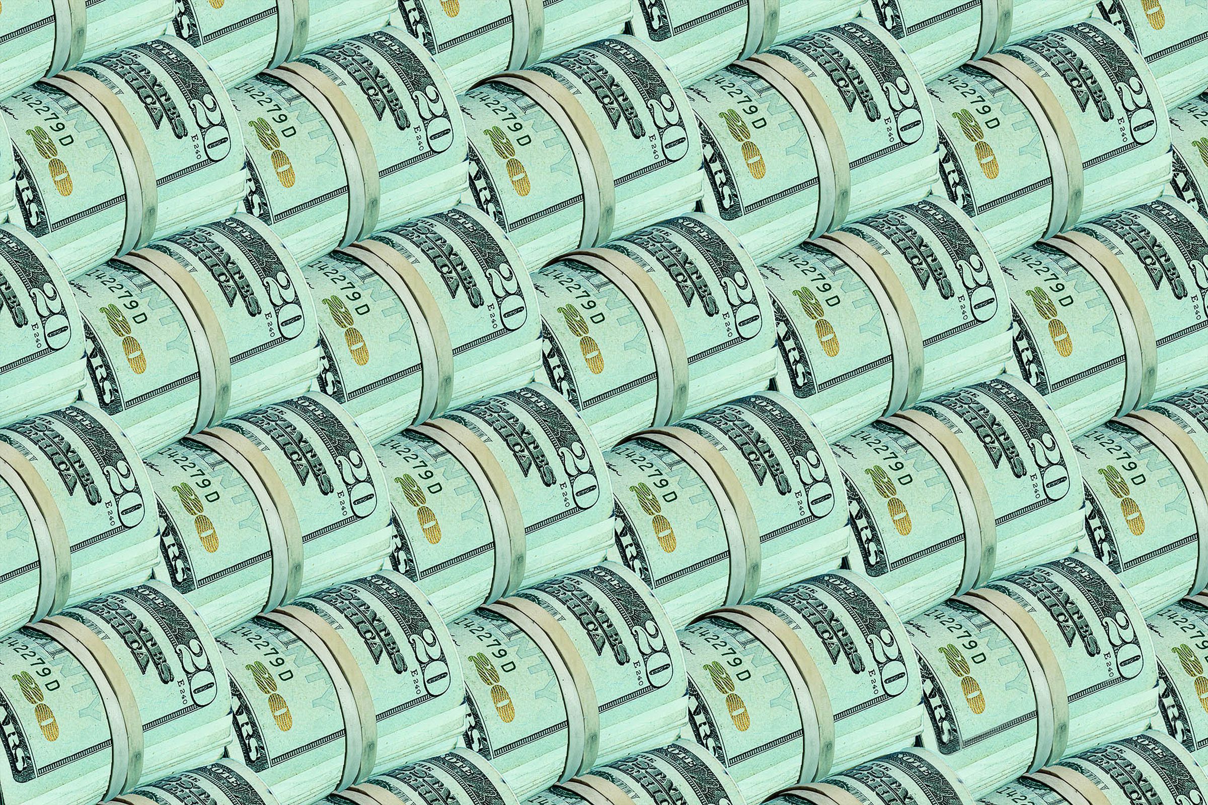 Illustration of several wads of $20 bills