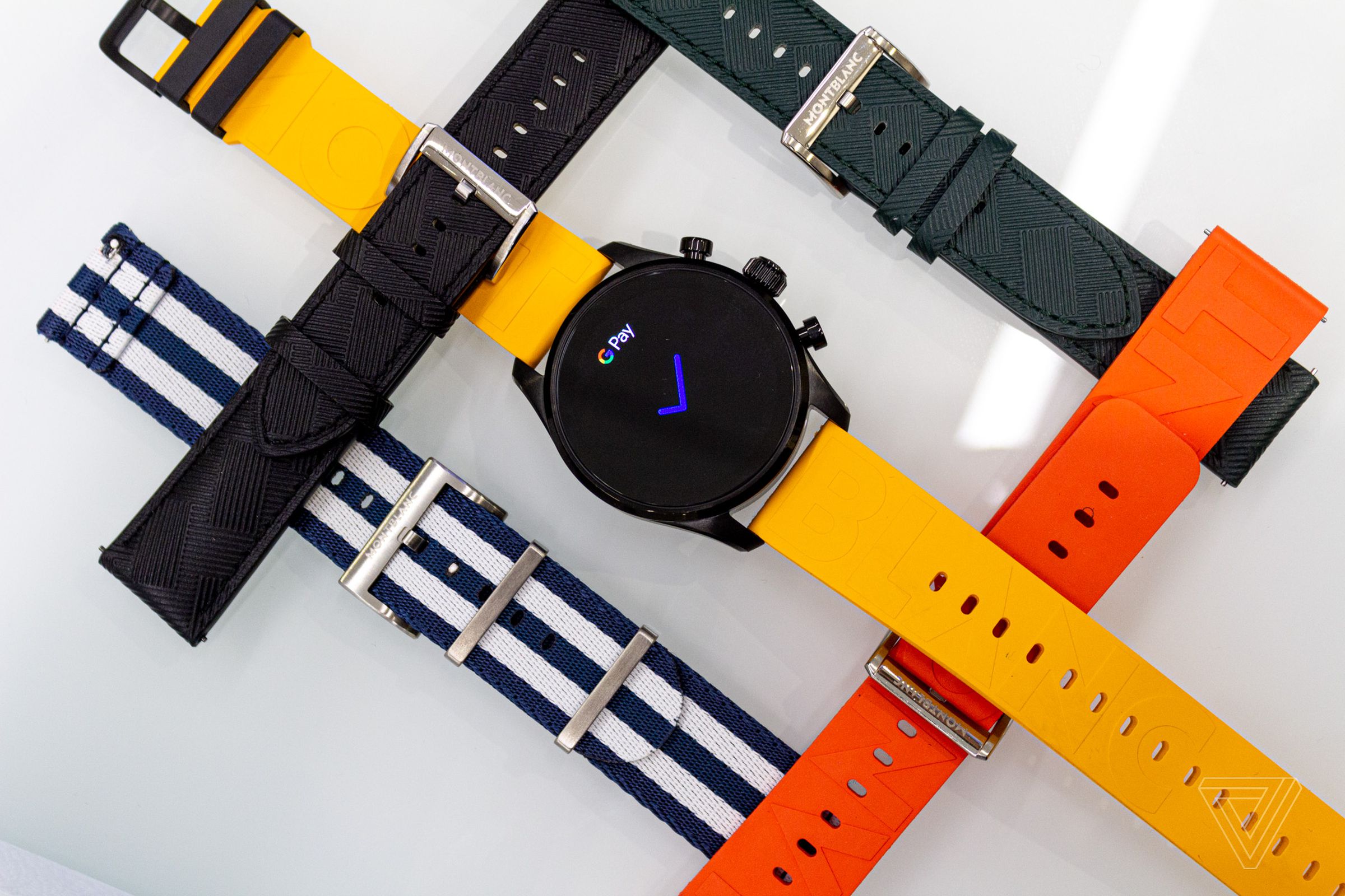 Montblanc Summit 3 showing the Google Pay screen alongside several alternative straps