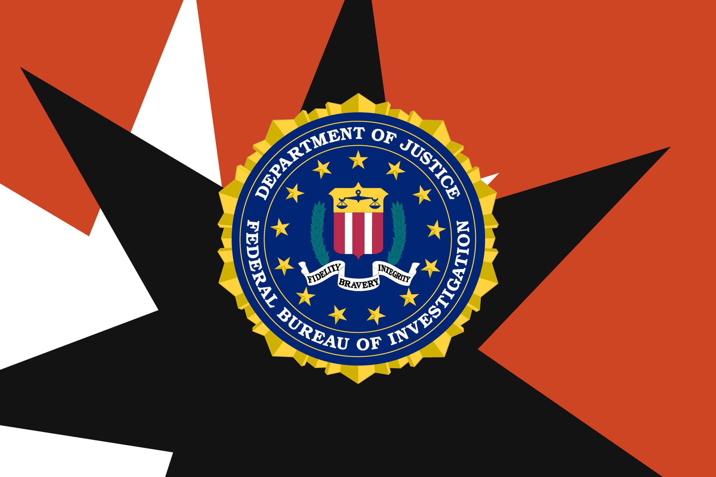The FBI symbol atop a red, black and white background made of seven pointed stars.