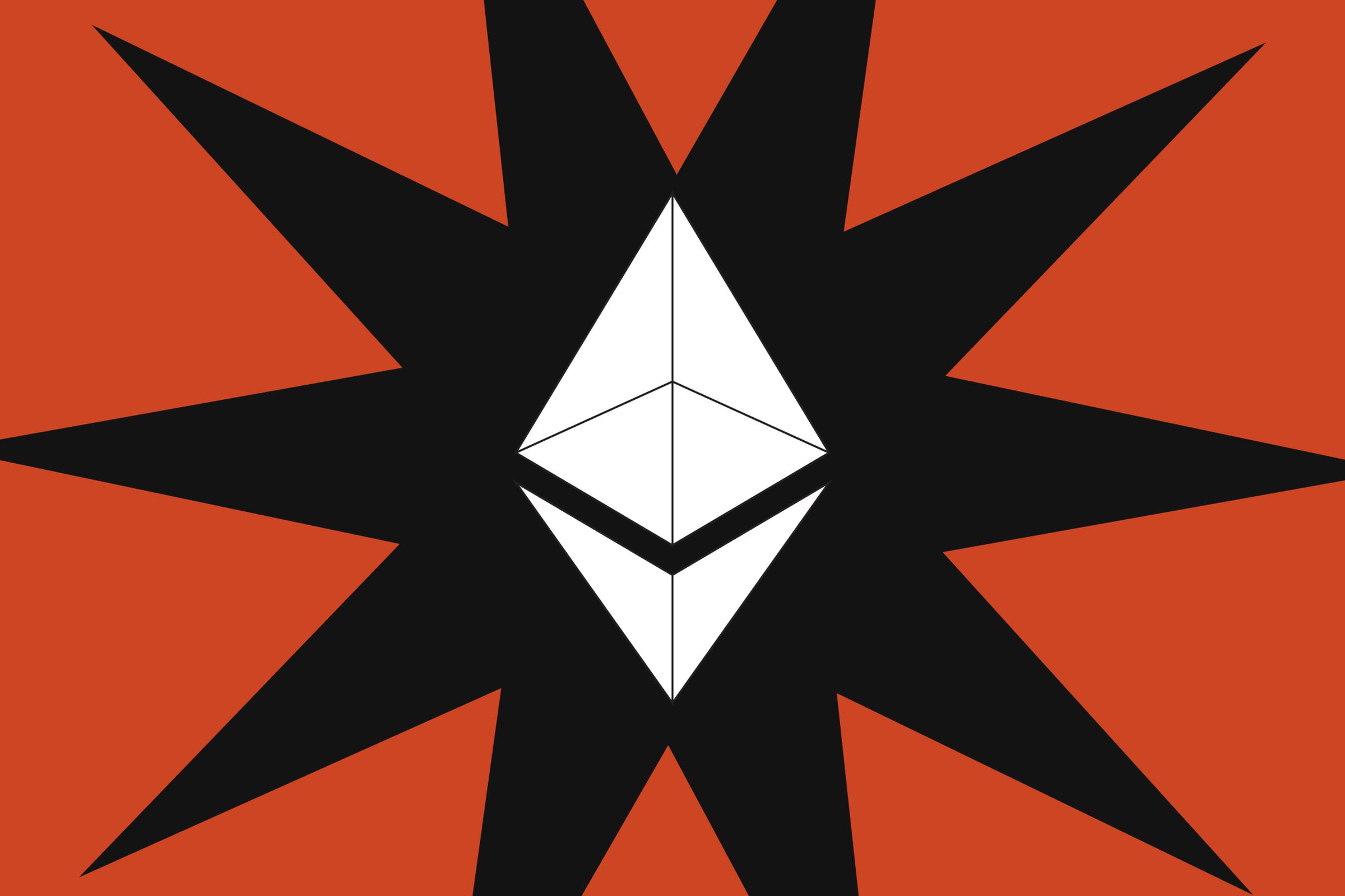 A black star and red background behind the Ethereum logo 