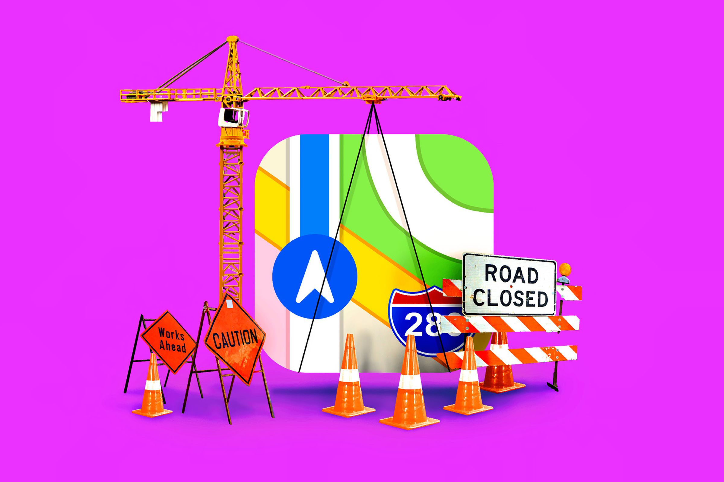 The Apple Maps icon with construction equipment surrounding it.