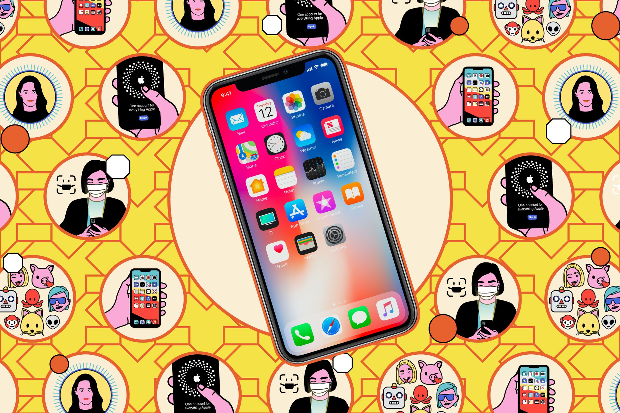 iPhone on a colorful illustrated background showing people using iPhones