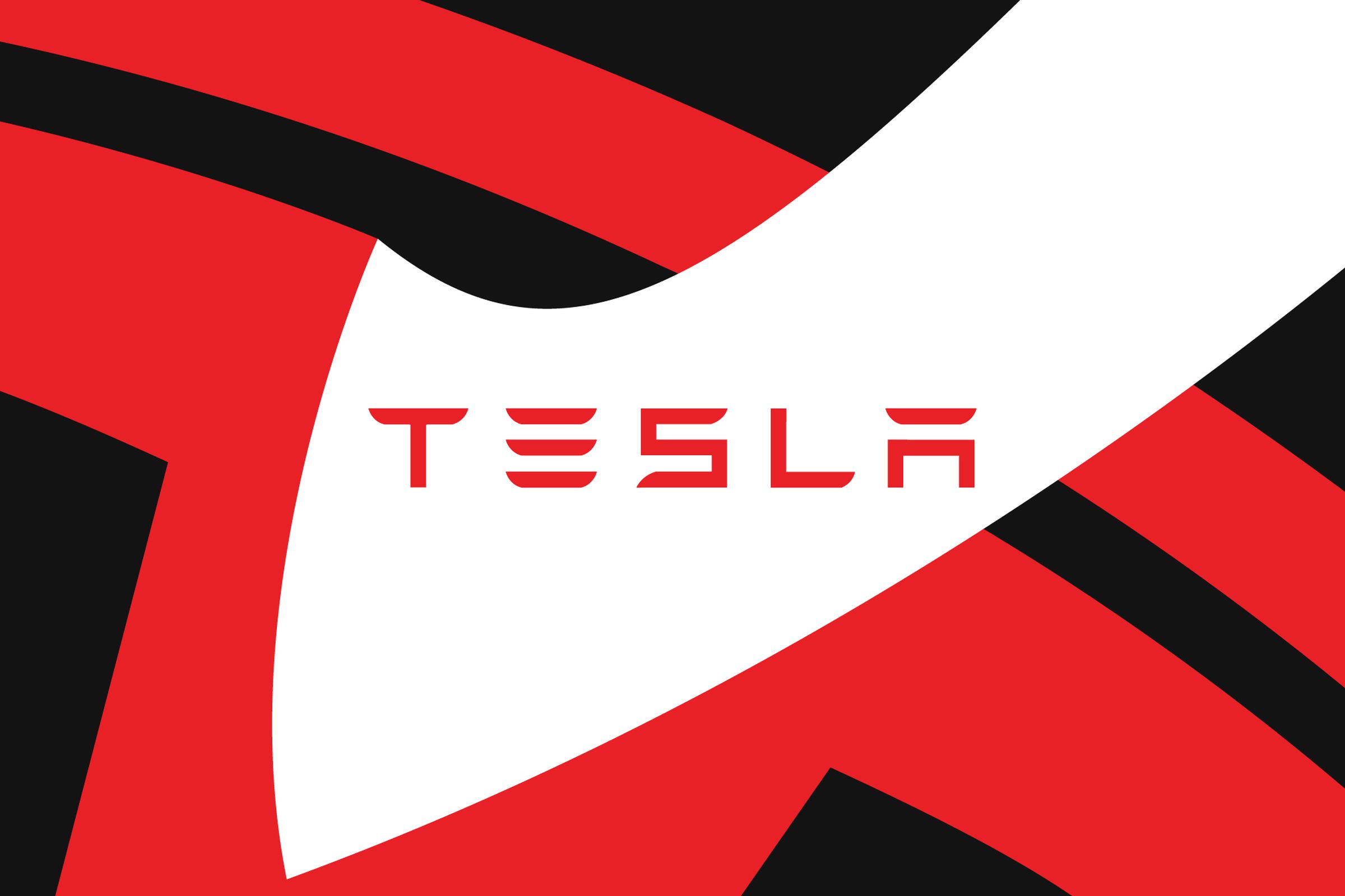 This is a stock image of the Tesla logo spelled out in red with a white shape forming around it and a tilted and zoomed red Tesla T logo behind it.