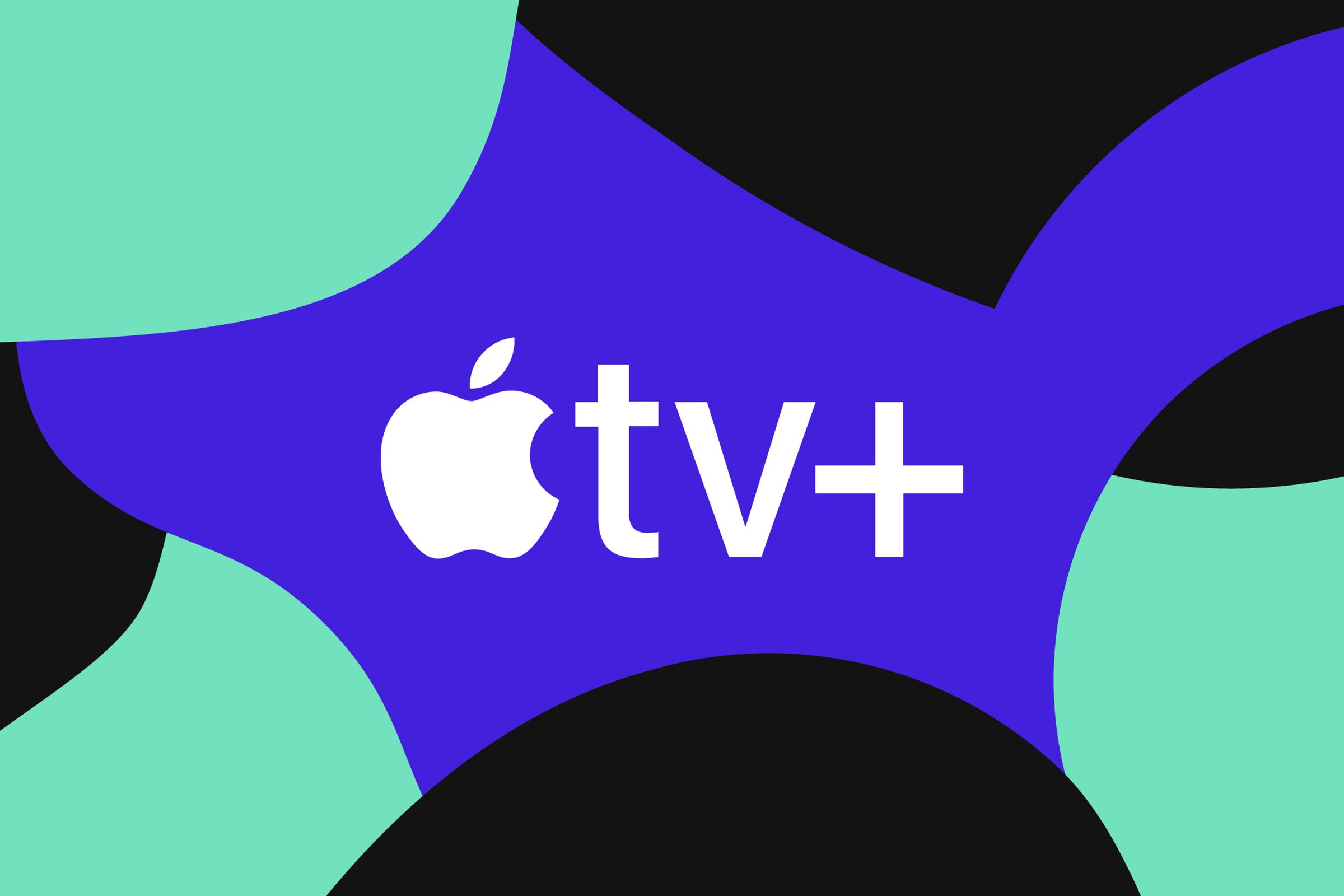 Apple TV Plus logo on a multicolored blue, black, and green background