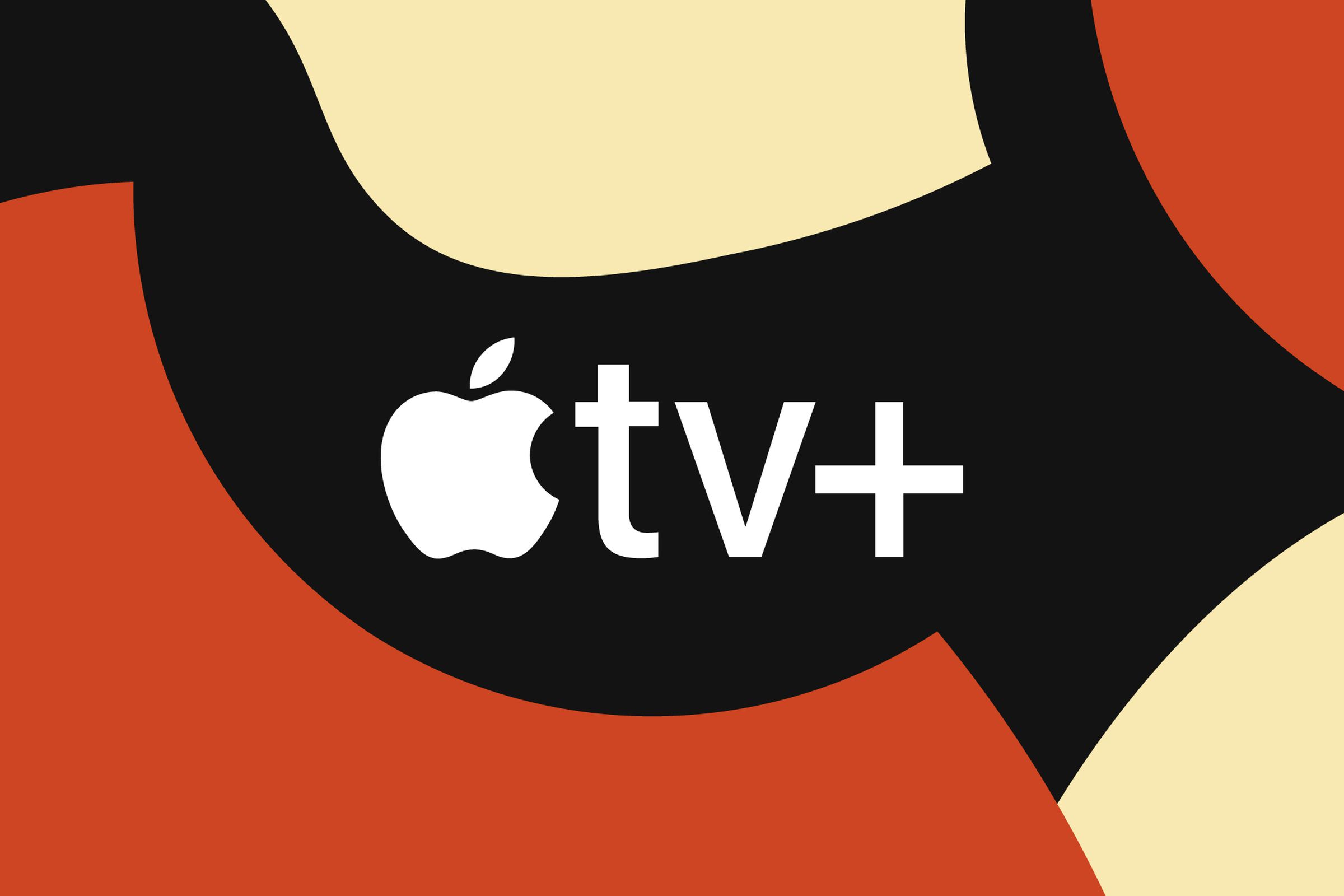 Illustration of the Apple TV Plus logon on a black, orange, and tan background.