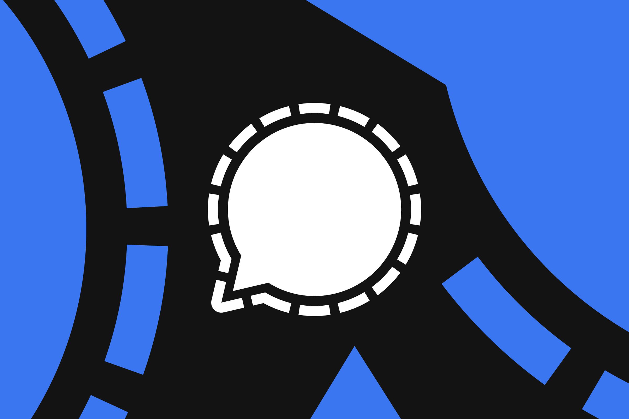 Illustration of the Signal logo, a white speech balloon with a dotted outline, on a black and blue background.