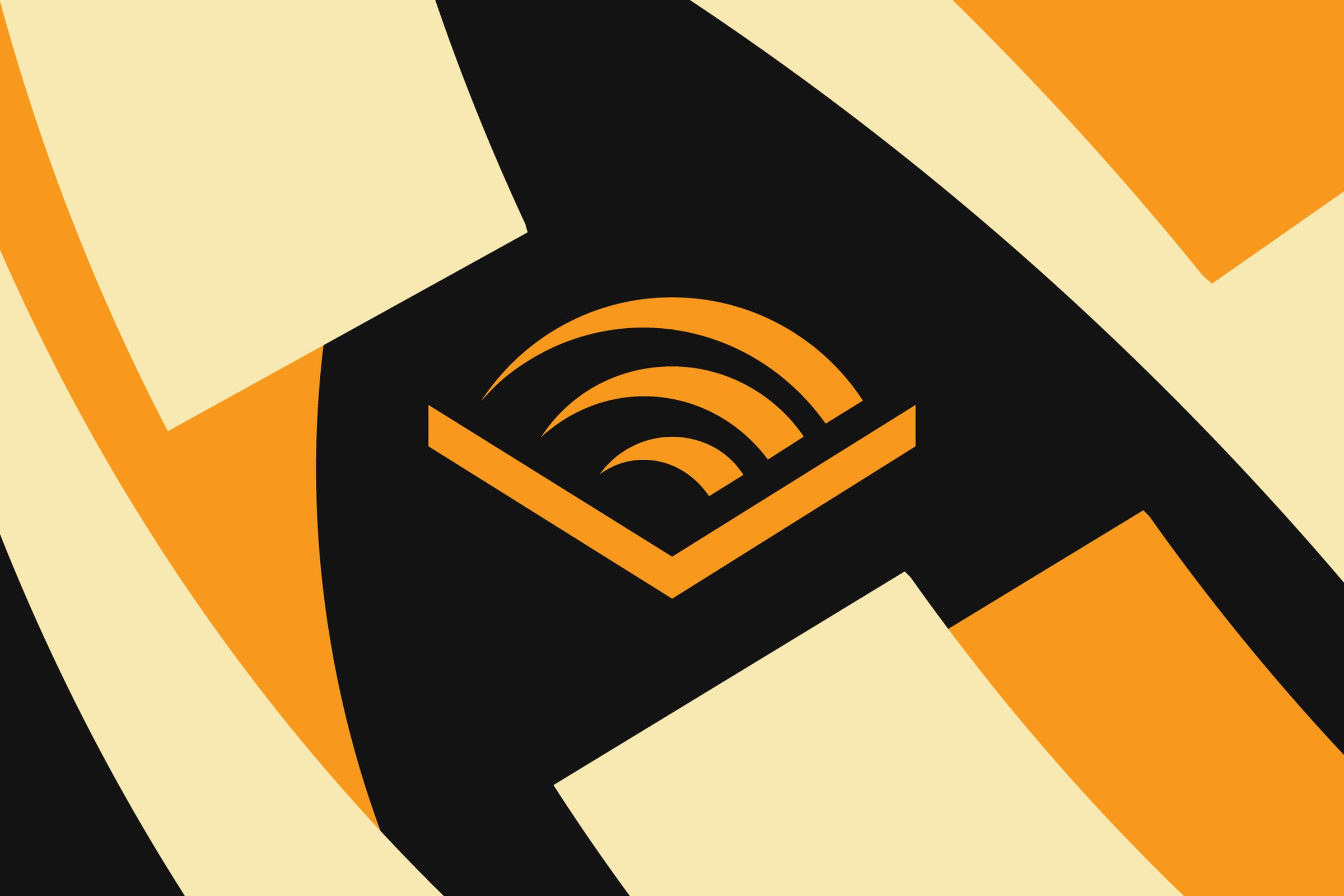 The Audible logo on a black, orange, and cream background.