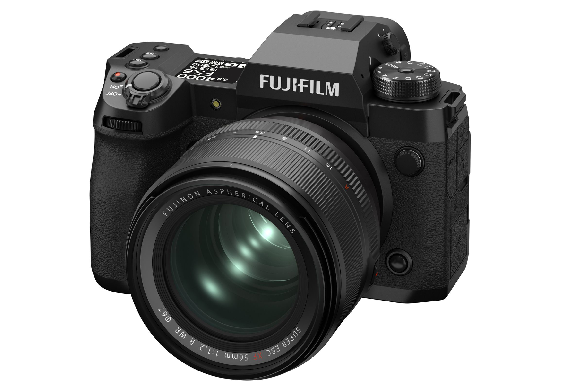 A three-quarters view of the Fujifilm X-H2 camera with new 56mm f/1.2 lens mounted to it.