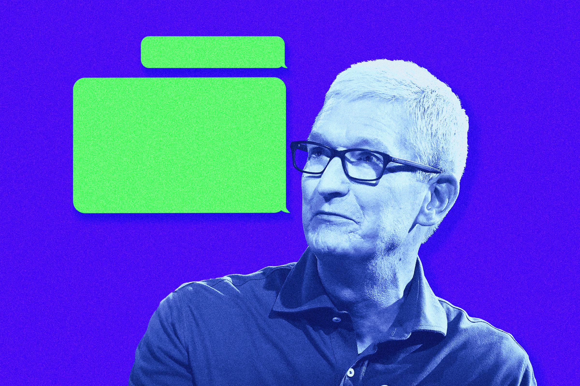 Apple CEO Tim Cook on a blue background with green message bubbles appearing near his mouth.