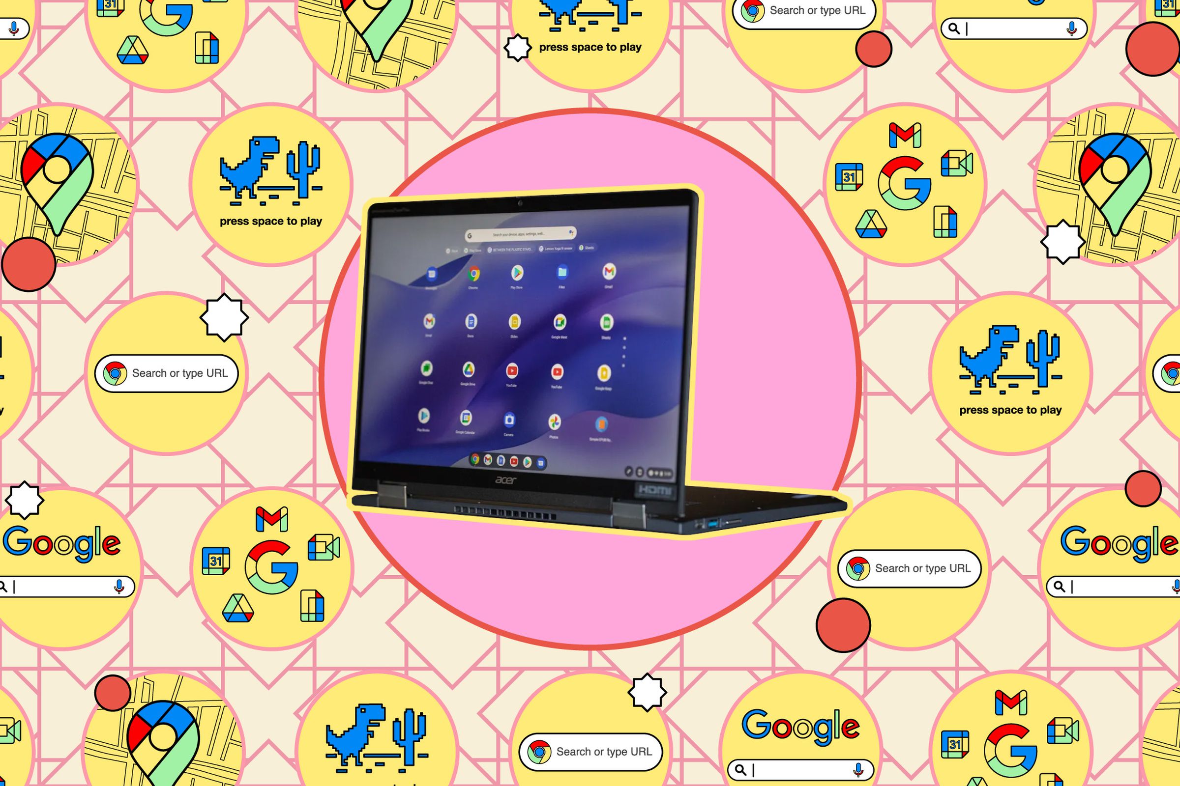 Chromebook in a pink circle against a yellow background with small icons.