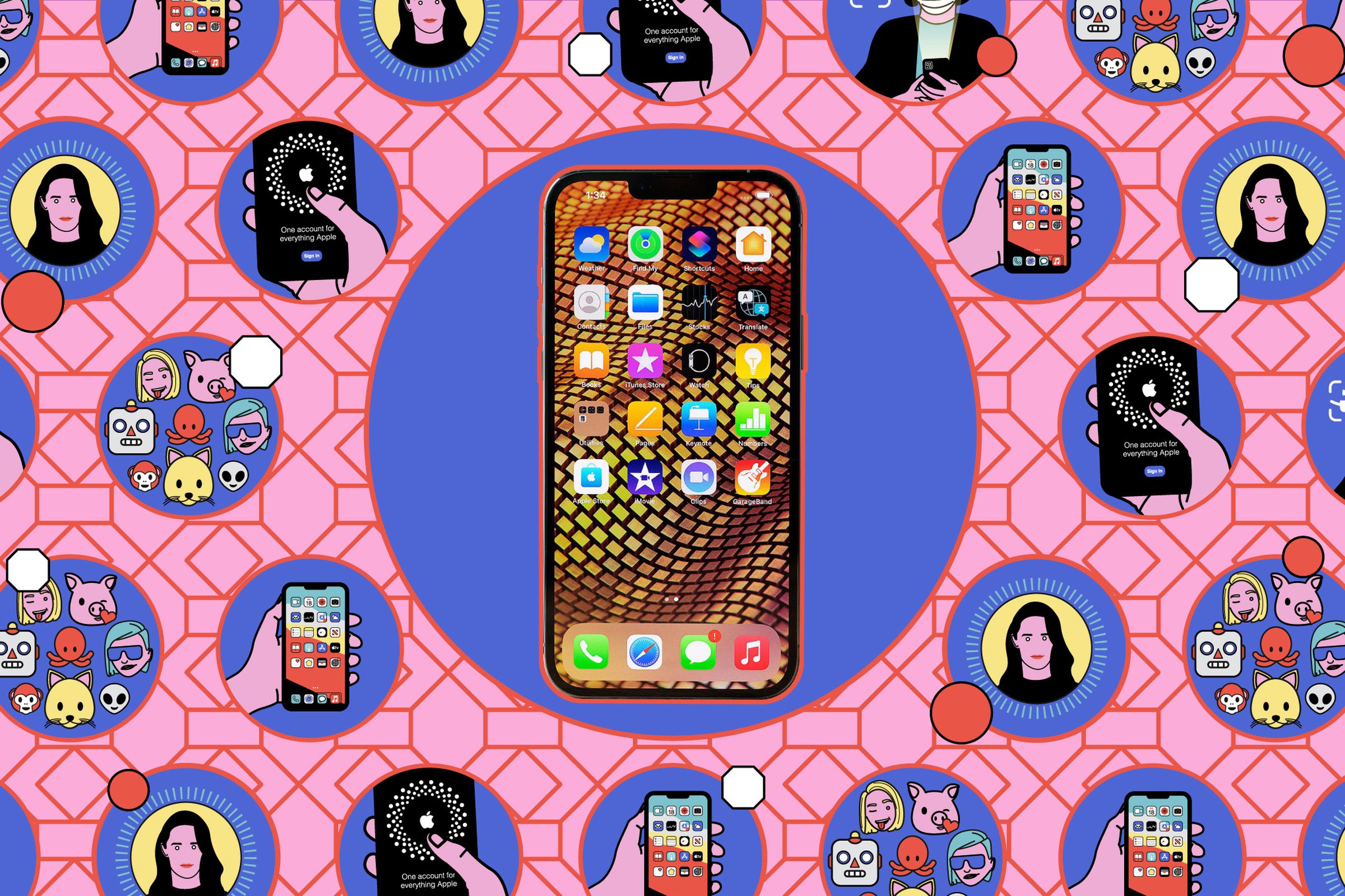 iPhone with homepage icons against an illustrated background