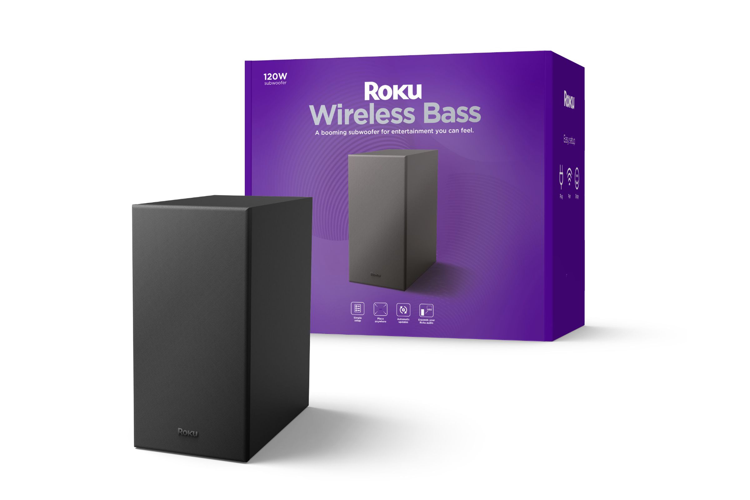 An image of the Roku Wireless Bass subwoofer and its packaging.