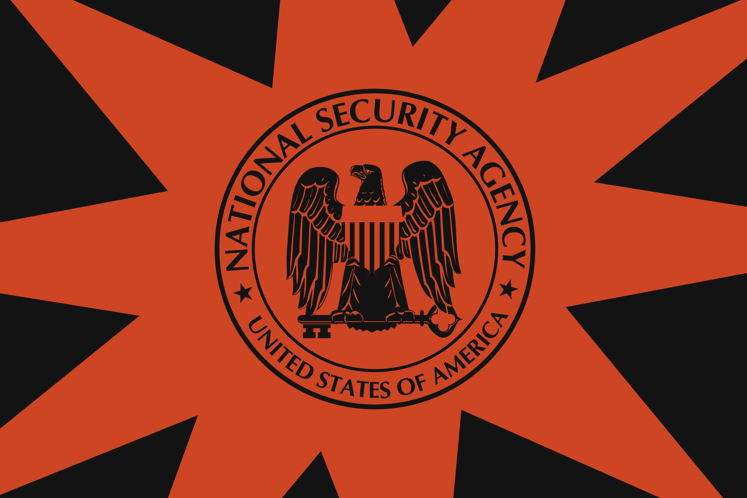 An illustration of the NSA logo in black set inside in a spiky orange star on a black background.