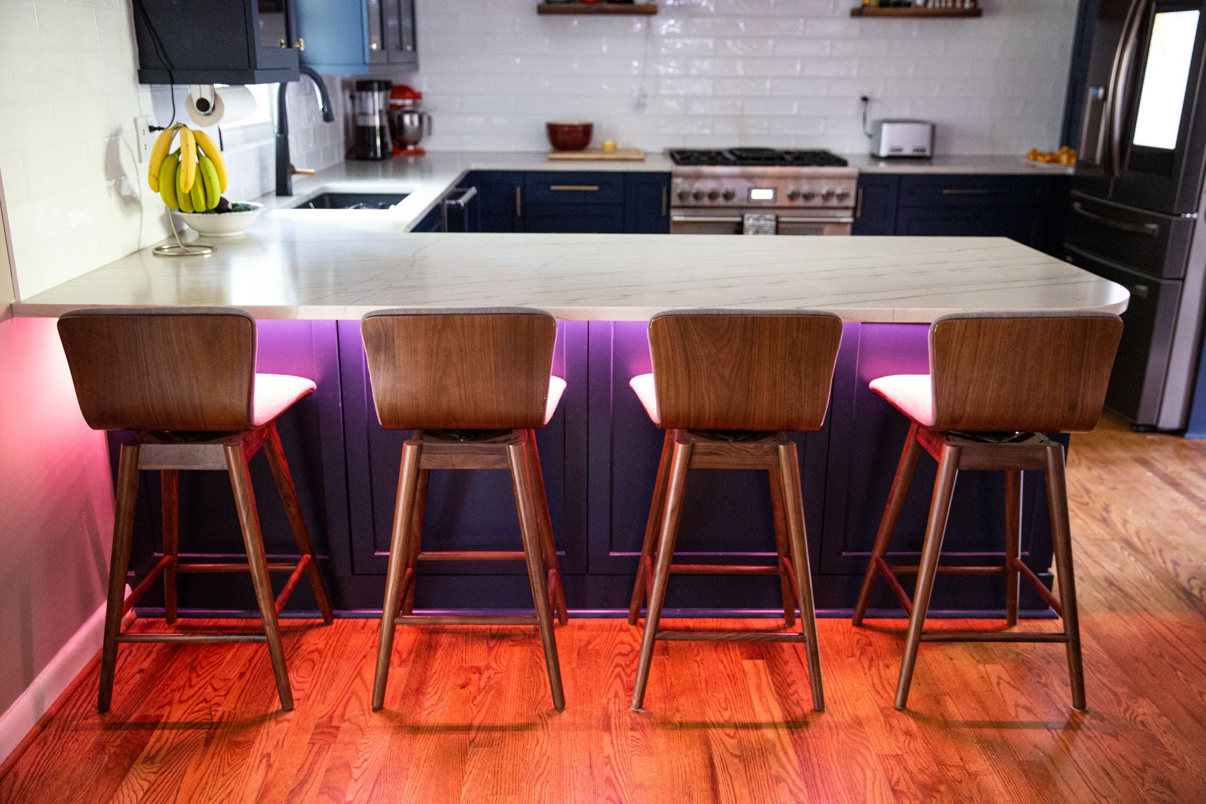 Kitchen counter with pink lights