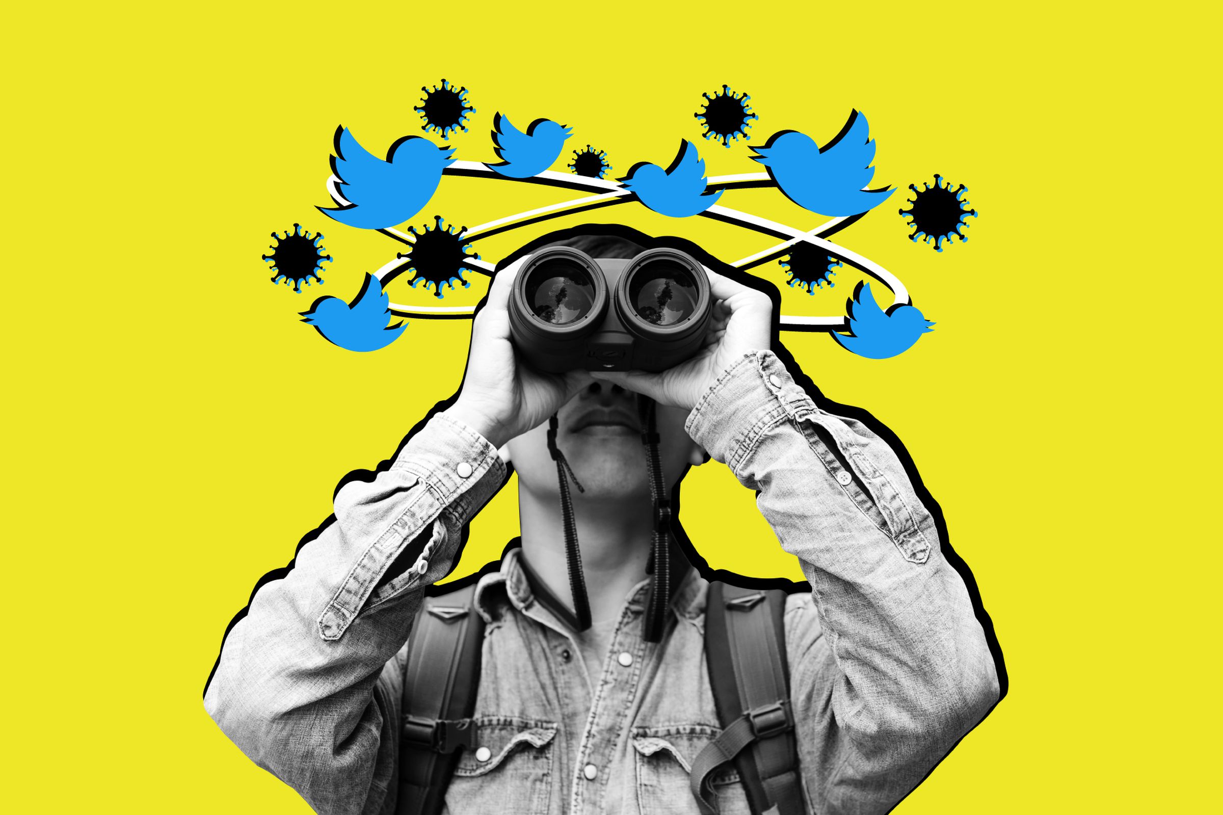 Photo illustration of a person with binoculars looking towards the viewer, while a circle of birds made of the Twitter logo flies around their head.