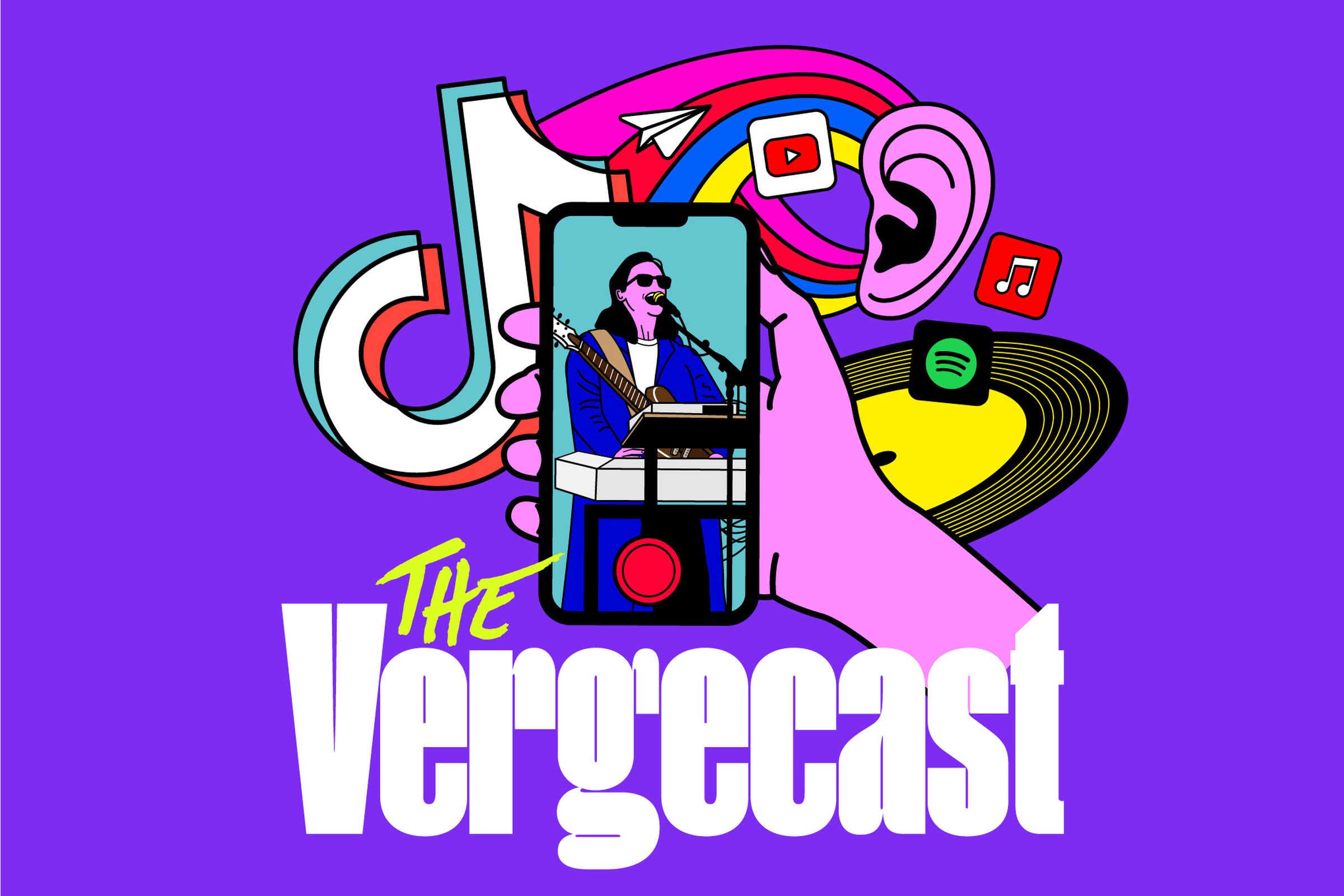 The Vergecast logo with a hand holding a phone. Logos of music platforms in the background