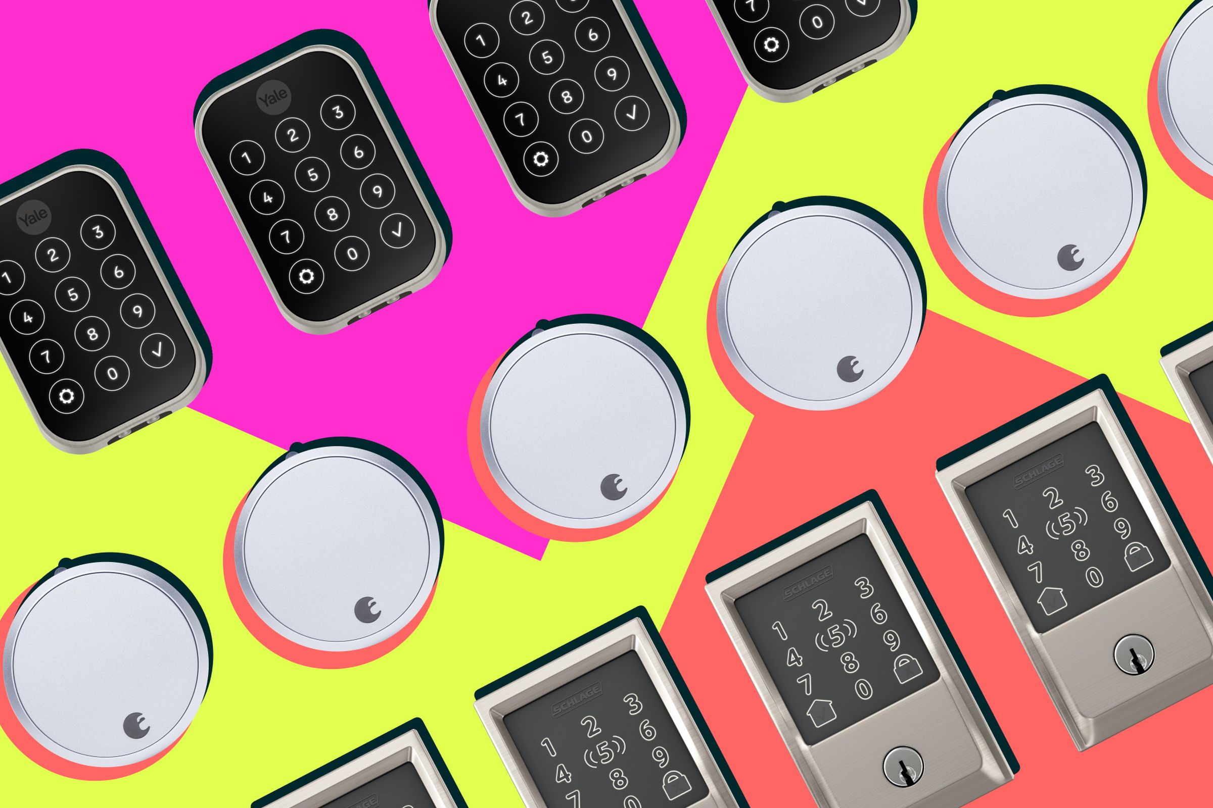 Door locks on a bright yellow, pink and orange graphic