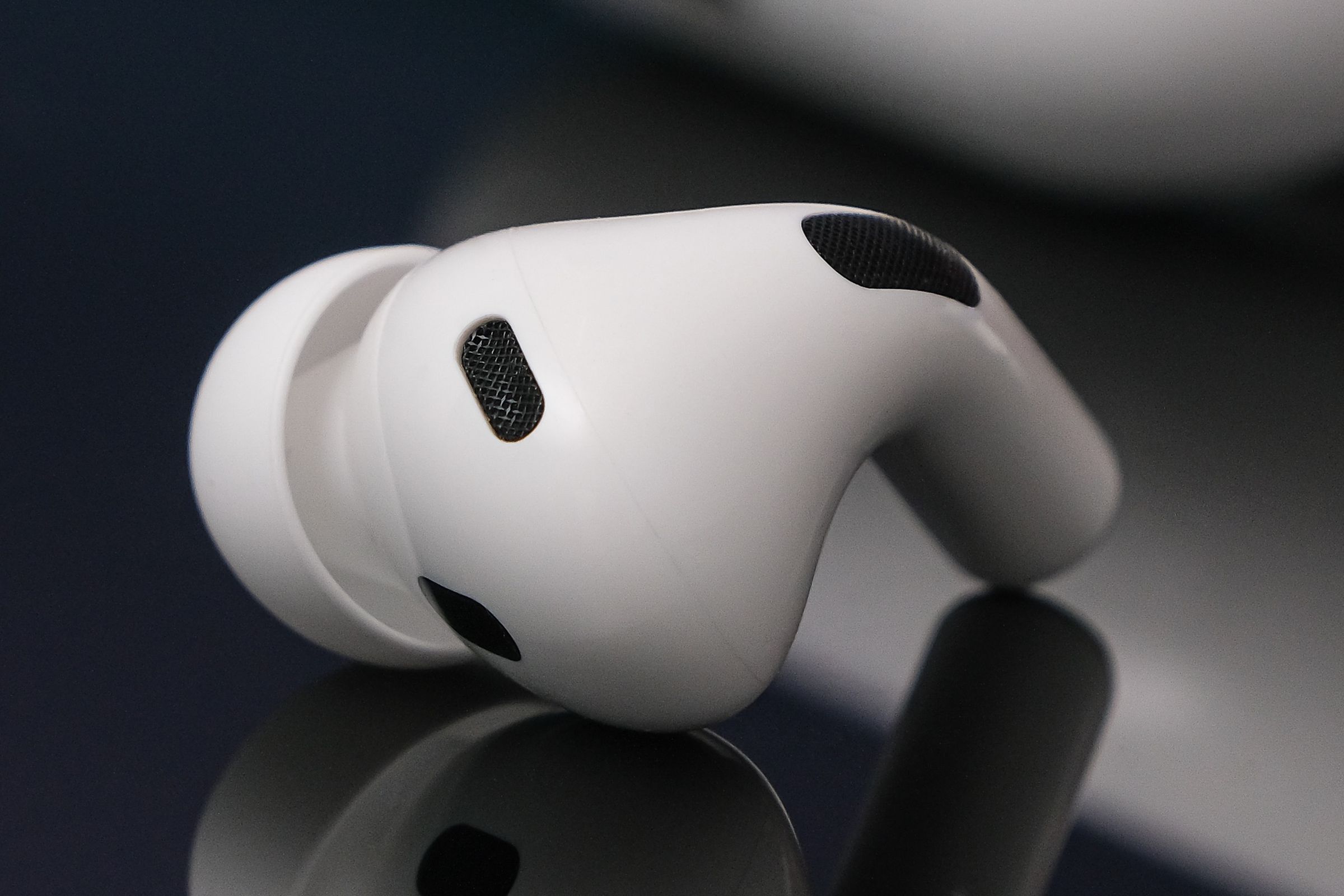 A close-up detail image of Apple’s second-generation AirPods Pro.
